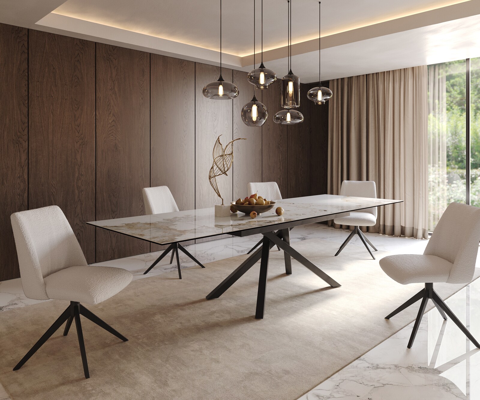 Stół do jadalni Edge 200-300x100 cm ceramika Minas Melange biało-beżowy rama Cross czarna rozkładany 8