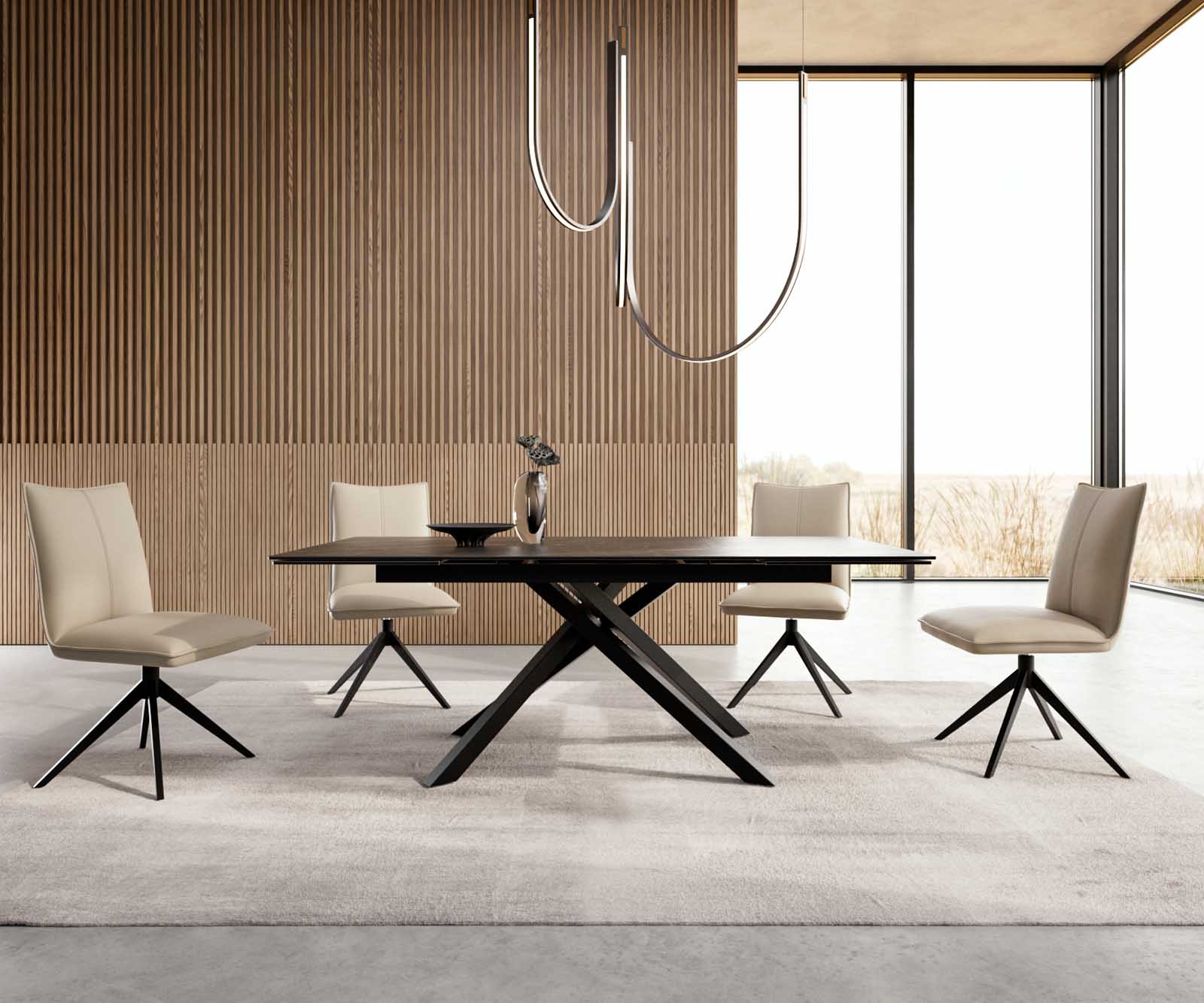 Stół do jadalni Edge 200-300x100 cm ceramika Laminam® Noir Desir brązowy rama Cross czarna rozkładany 4
