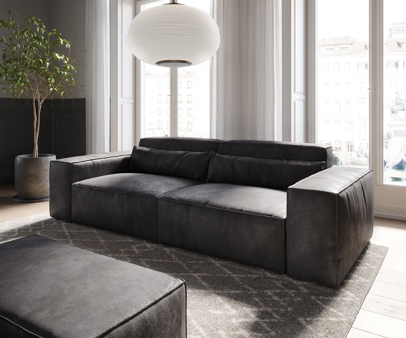 Duża sofa Sirpio 230x95 cm eko-skóra antracytowy vintage z pufem
