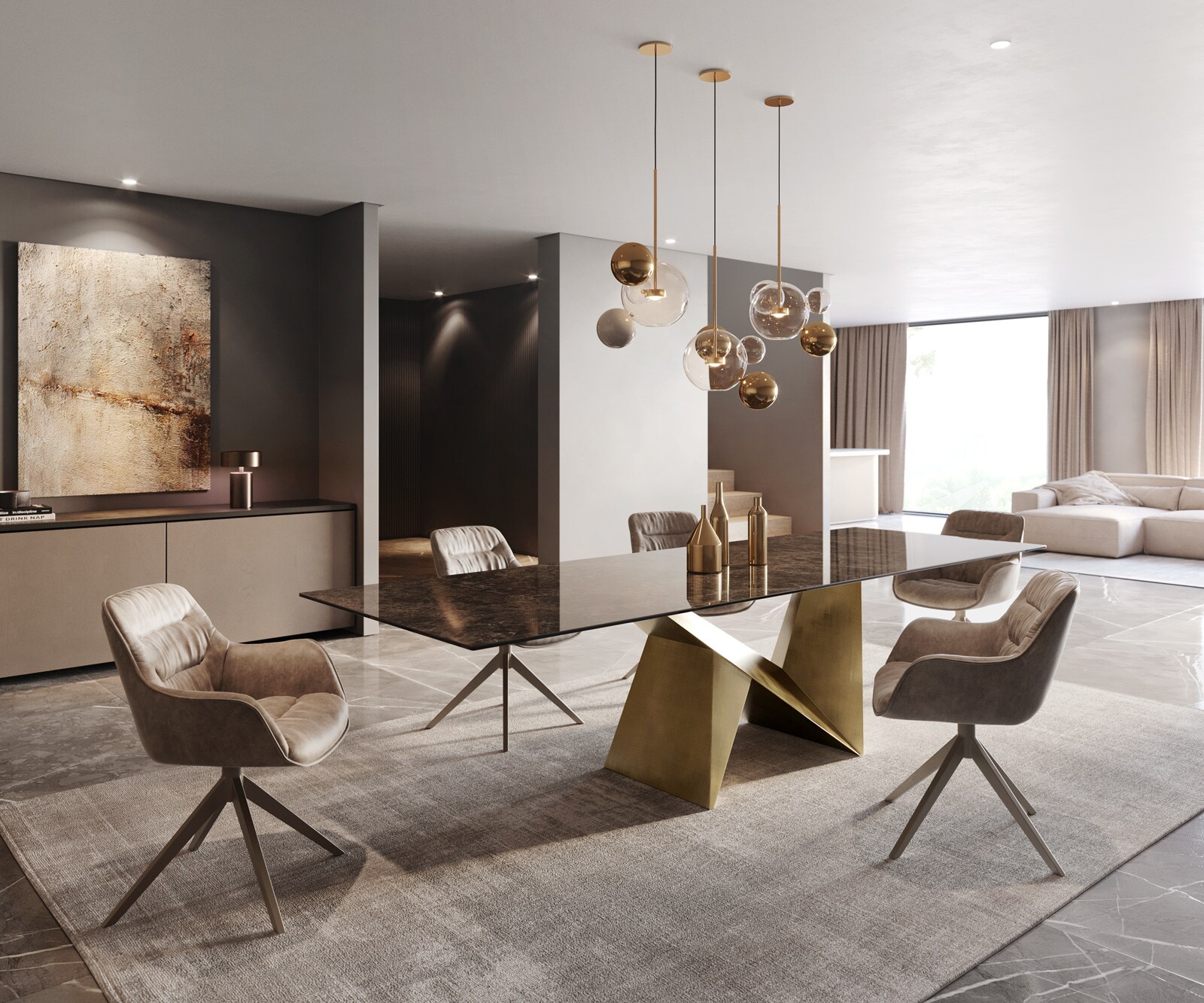 Stół do jadalni Edge 300x100cm ceramika Laminam® Emperador Extra Lucidato ciemnobrązowy rama Origami metaliczny złoty 6