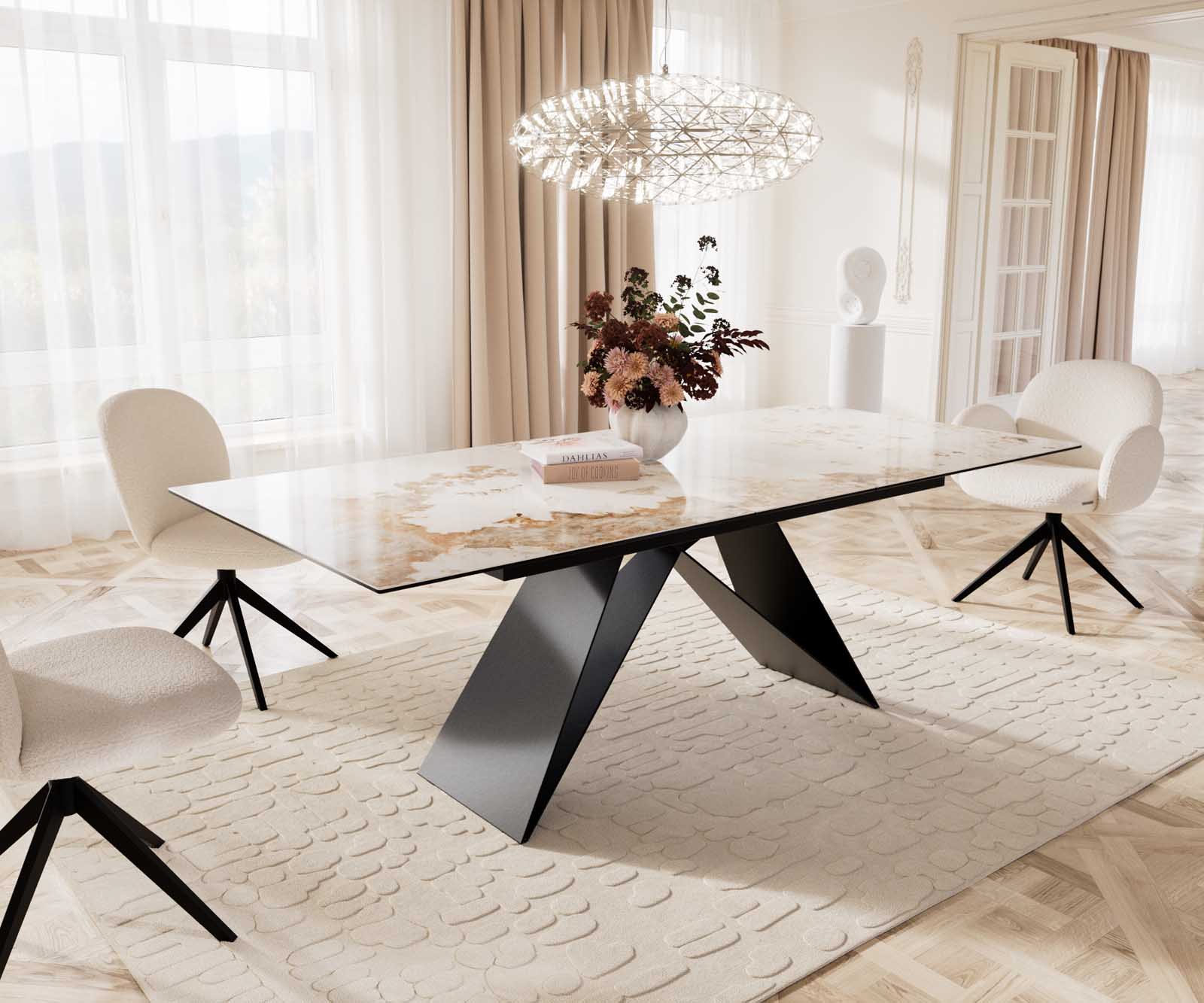 Stół do jadalni Edge 180-220x100 cm ceramika Minas Melange biało-beżowy rama V metal czarna rozkładany