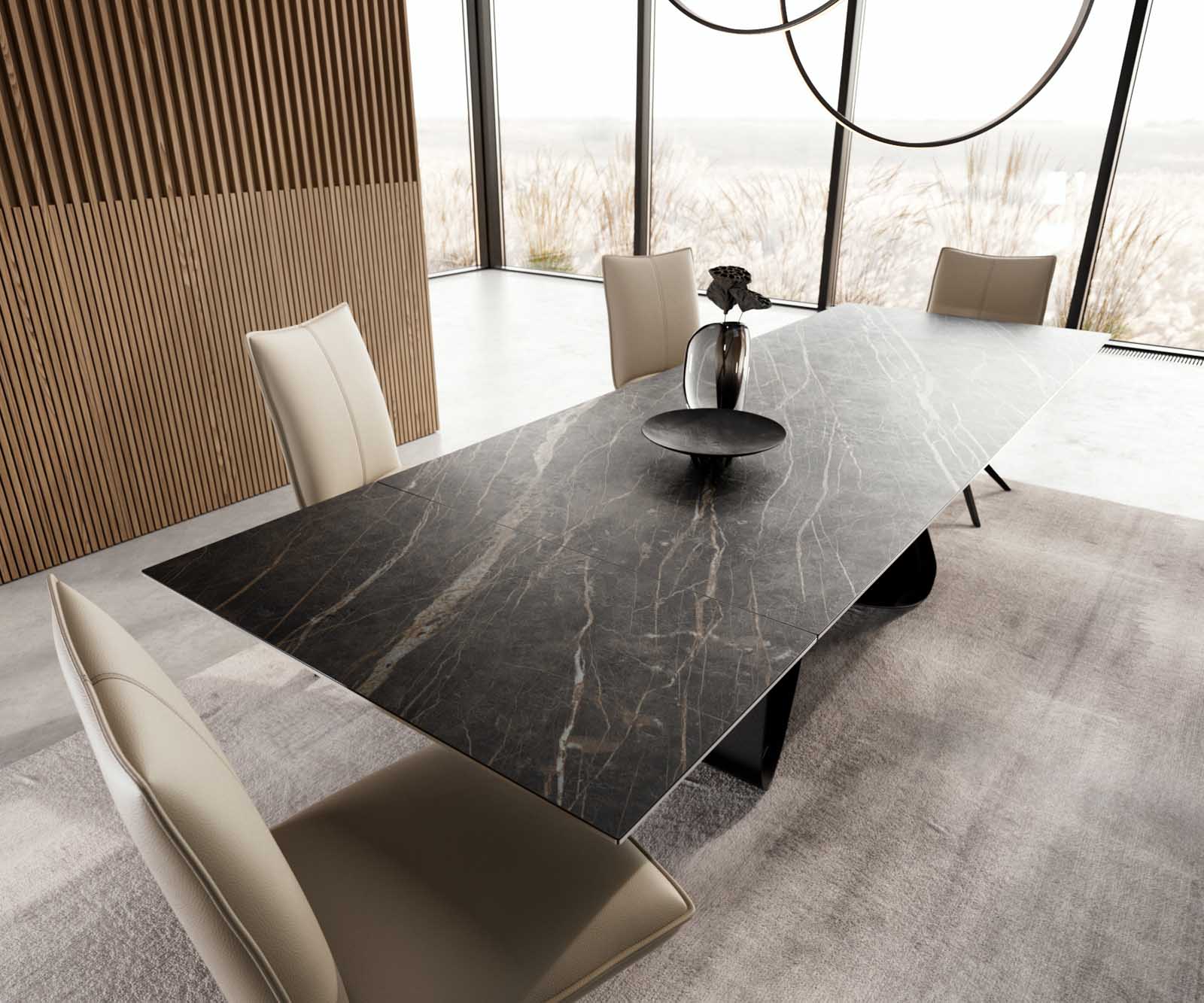 Stół do jadalni Edge 200-300x100 cm ceramika Laminam® Noir Desir brązowy rama W czarna rozkładany 4