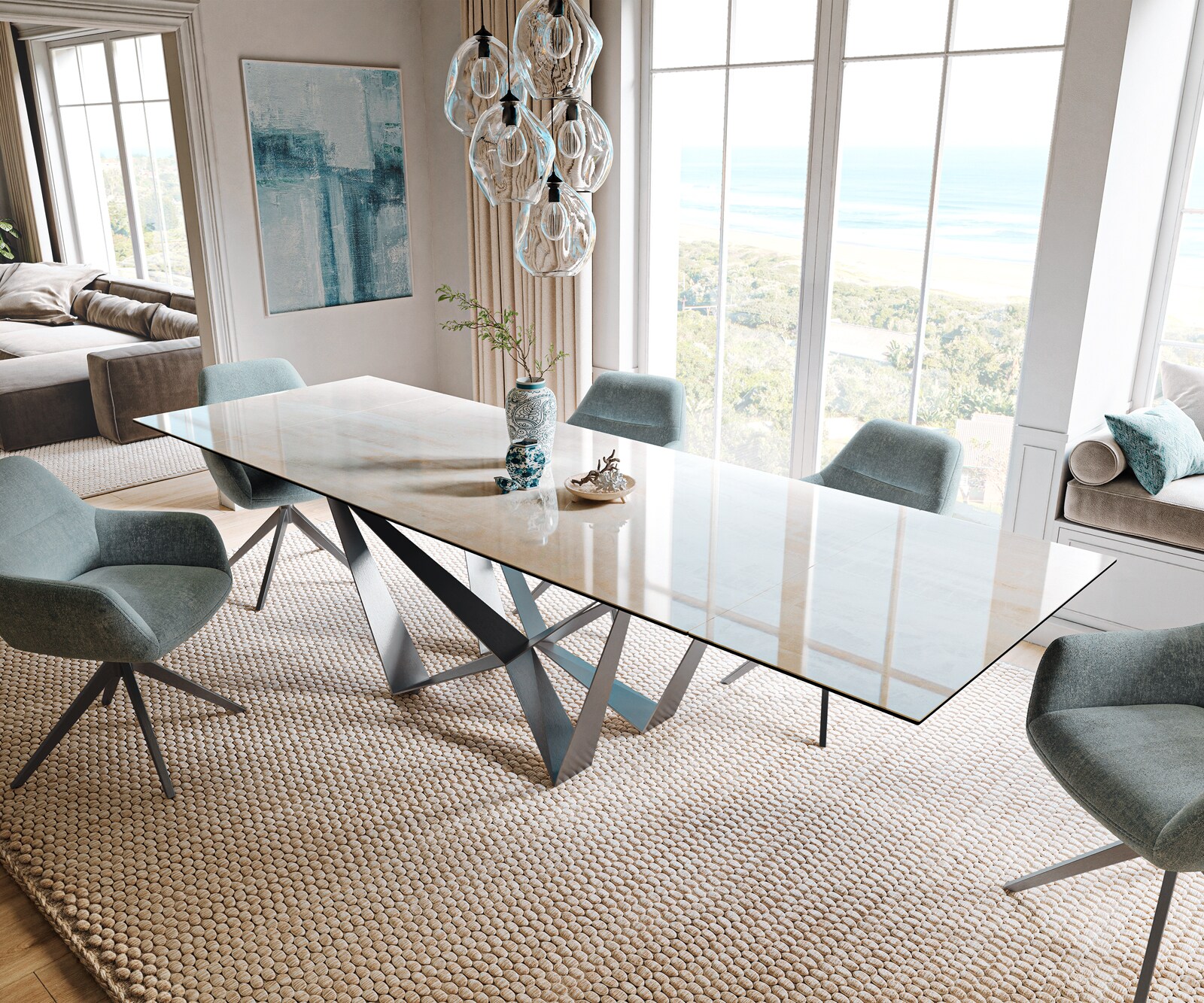 Stół do jadalni Edge 200-300x100cm ceramika Onyx Champagne rama Spider stal nierdzewna kolor grafitowy rozkładany