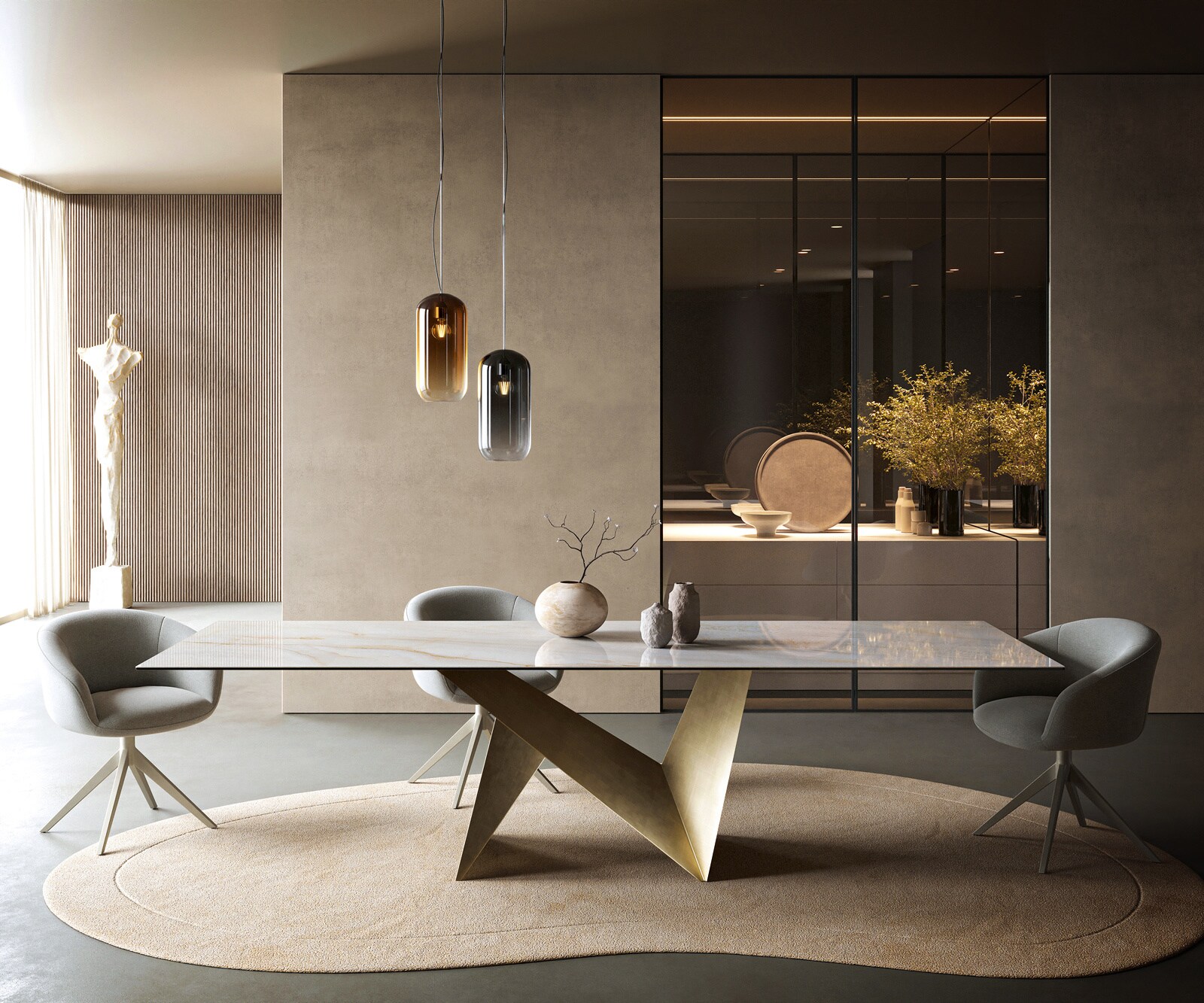 Stół do jadalni Edge 300x100cm ceramika Onyx Pearl rama Origami metaliczny złoty 1