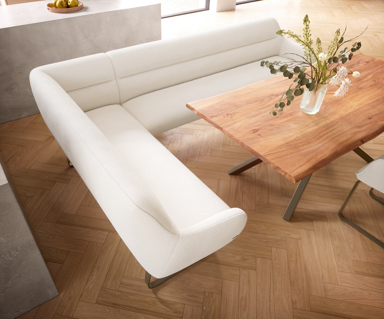 Ławka do jadalni Taya-Flex 285x190 cm bouclé kremowo-biały podstawa płozowa płaska w kolorze tytanu sprężyny kieszeniowe prawa 4