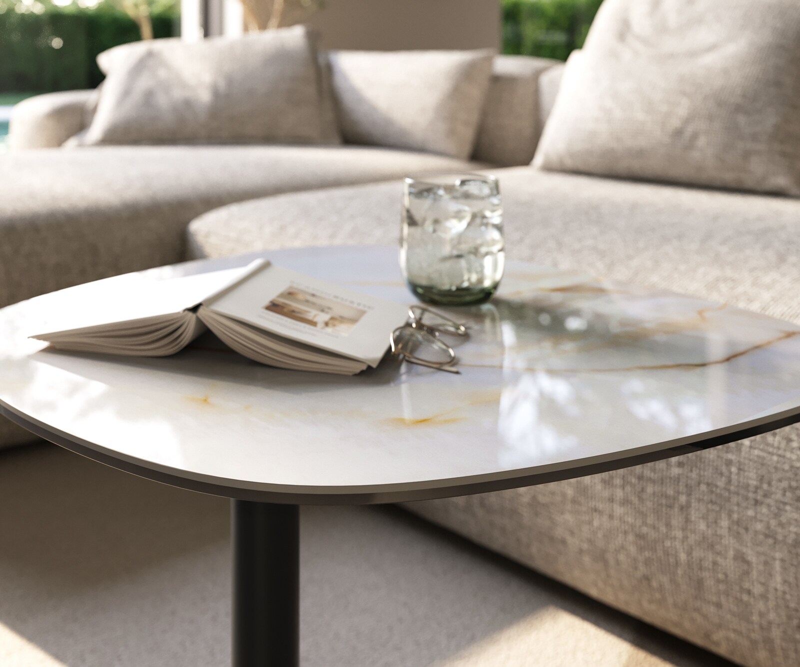 Stolik kawowy Edge w kształcie beczki 60x60 cm ceramika Onyx Pearl podstawa Eleny metal czarny 6