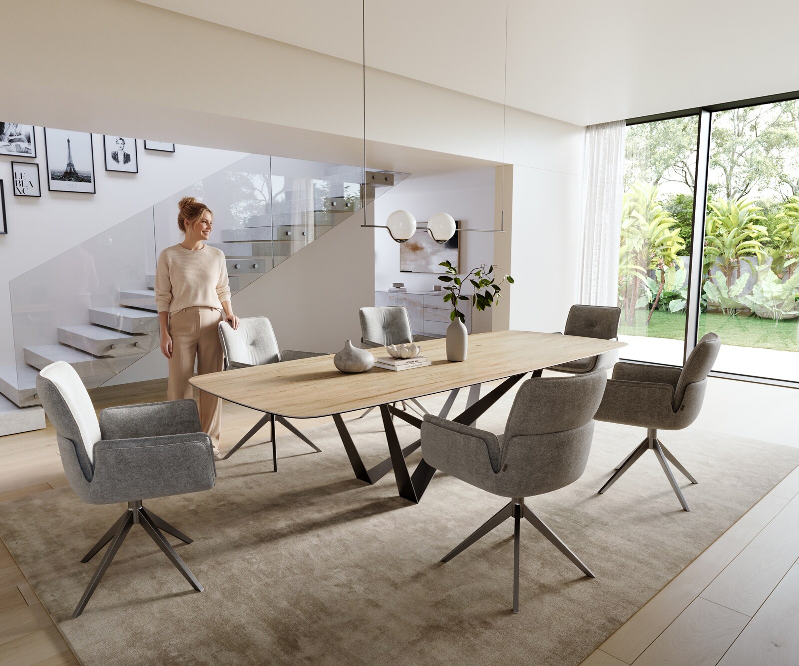 Stół do jadalni Edge w kształcie beczki 300x120 cm ceramika Laminam® Sabbia w kolorze dębu rama Spider stal nierdzewna kolor grafitowy 6