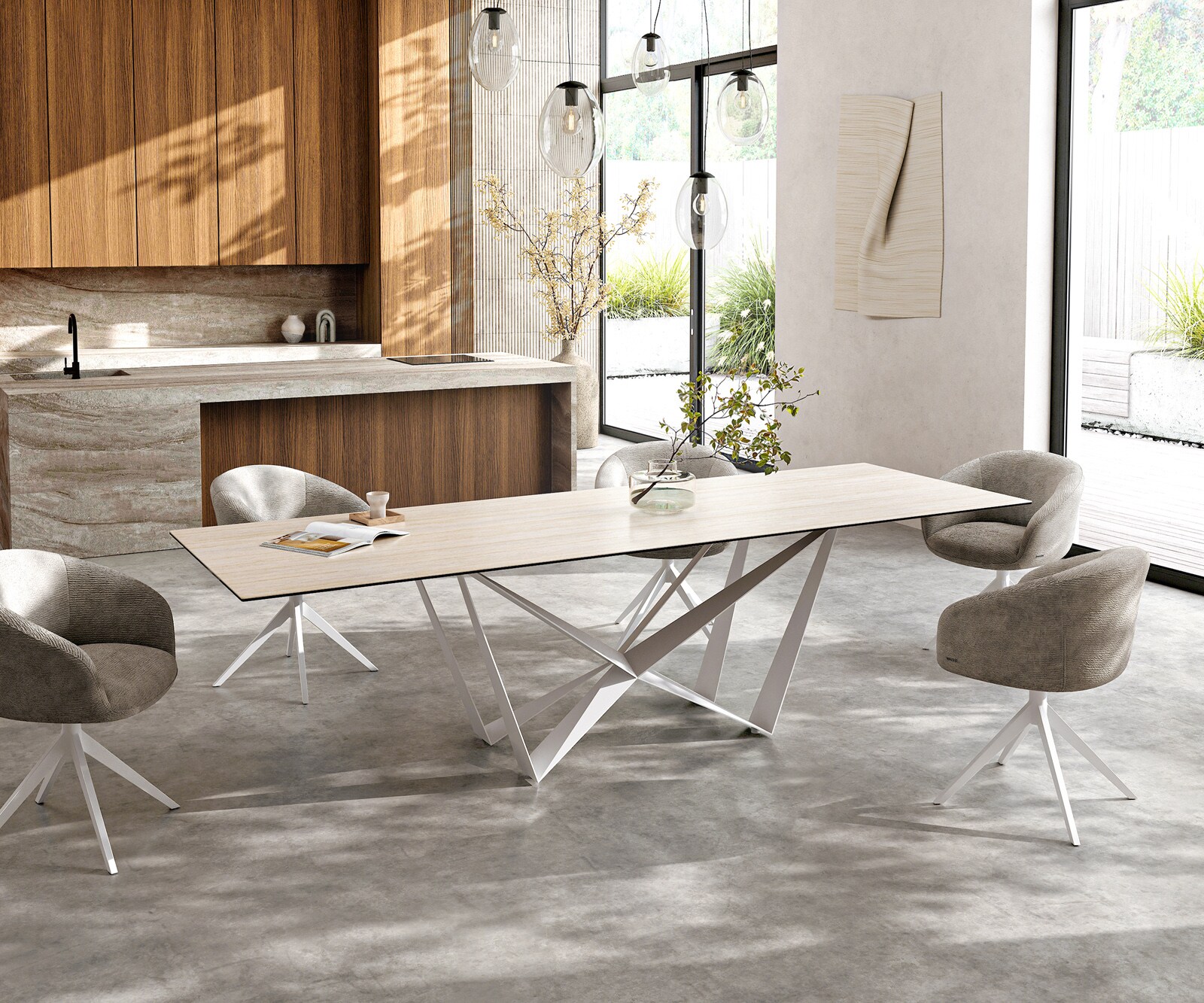 Stół do jadalni Edge 300x100cm ceramika Laminam® Travertino Bianco kremowo-biały rama Spider metal biały