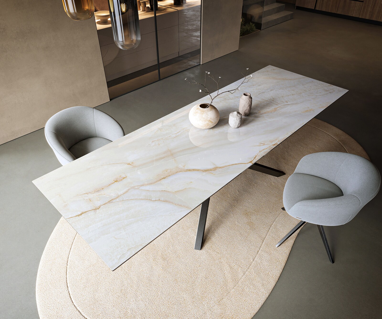 Stół do jadalni Edge 300x100cm ceramika Onyx Pearl rama Cross stal nierdzewna kolor grafitowy 3