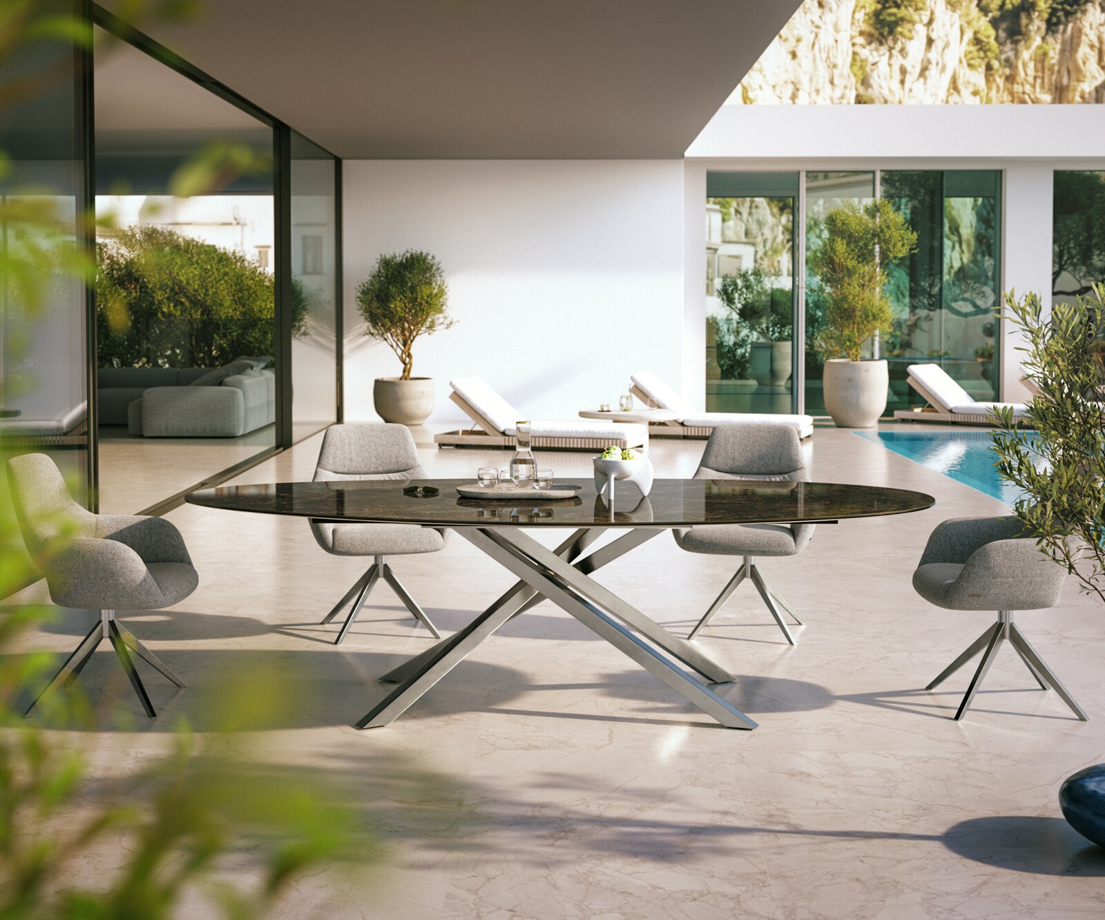 Stół ogrodowy Edge owalny 280x130 cm ceramika Laminam® Emperador Extra Lucidato ciemnobrązowy rama Cross stal nierdzewna 1