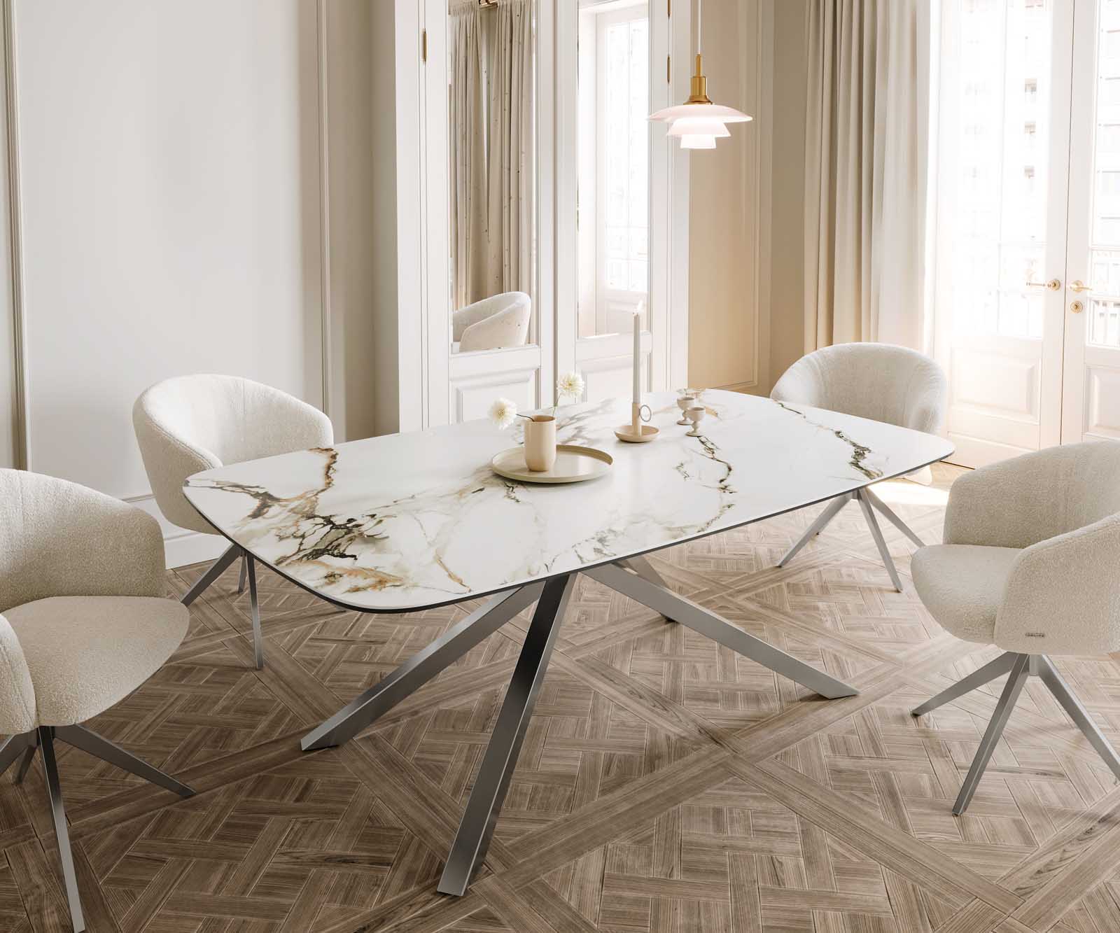 Stół do jadalni Edge kształt beczki 200x100cm ceramika Calacatta Luxe biało-złoto-szary rama Cross stal nierdzewna