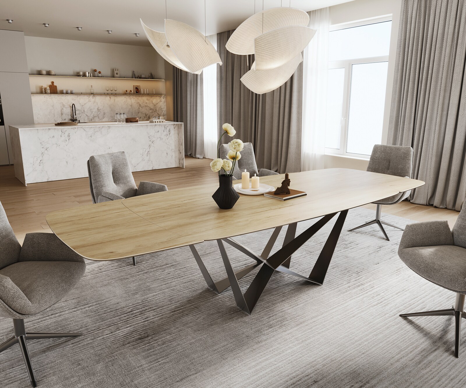 Stół do jadalni Edge w kształcie beczki 200-300x120 cm ceramika Laminam® Sabbia w kolorze dębu rama Spider stal nierdzewna kolor grafitowy rozkładany
