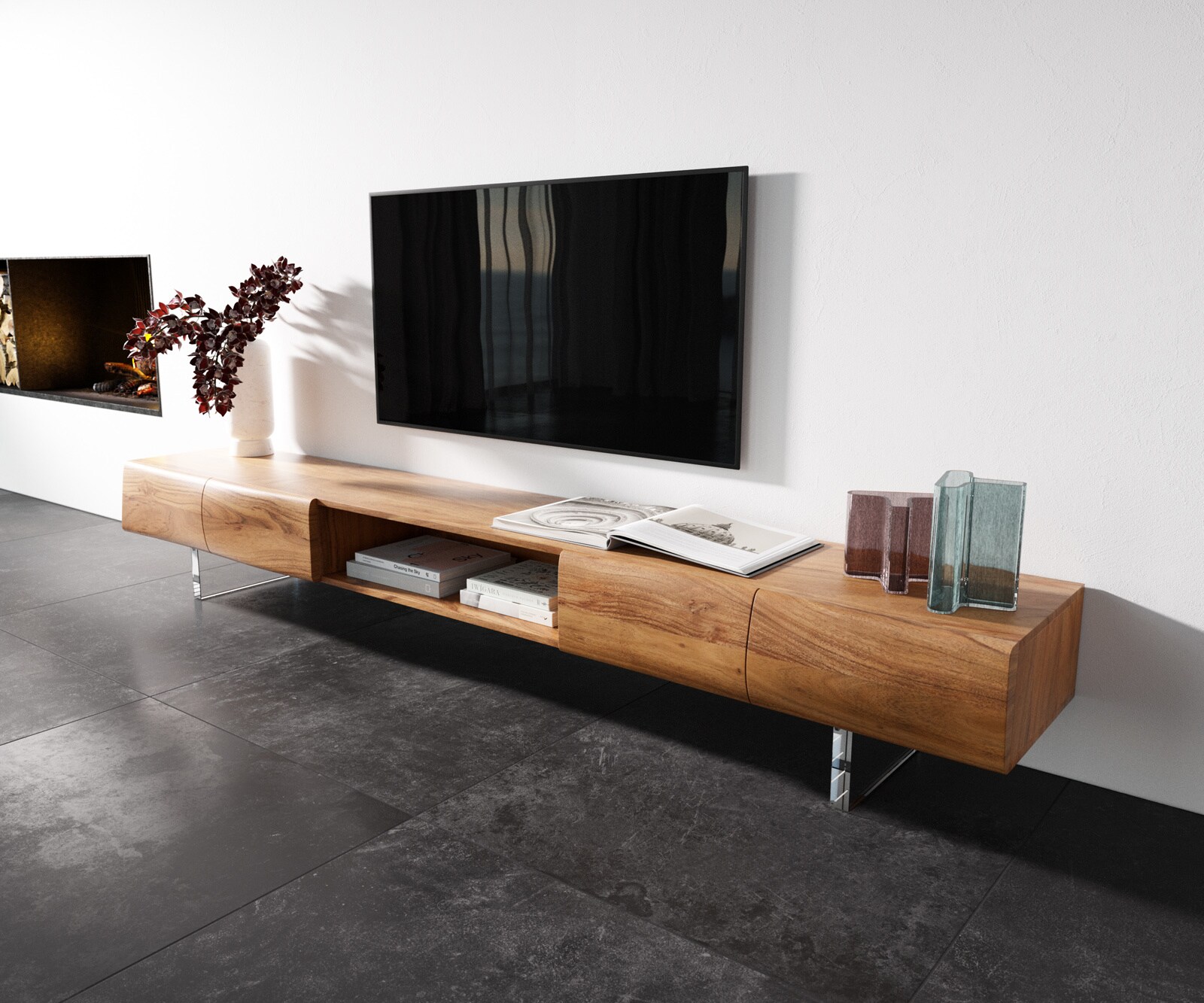 Szafka RTV New Live-Edge 240 cm akacja naturalna 4 drzwi 1 przegroda nóżki akrylowe