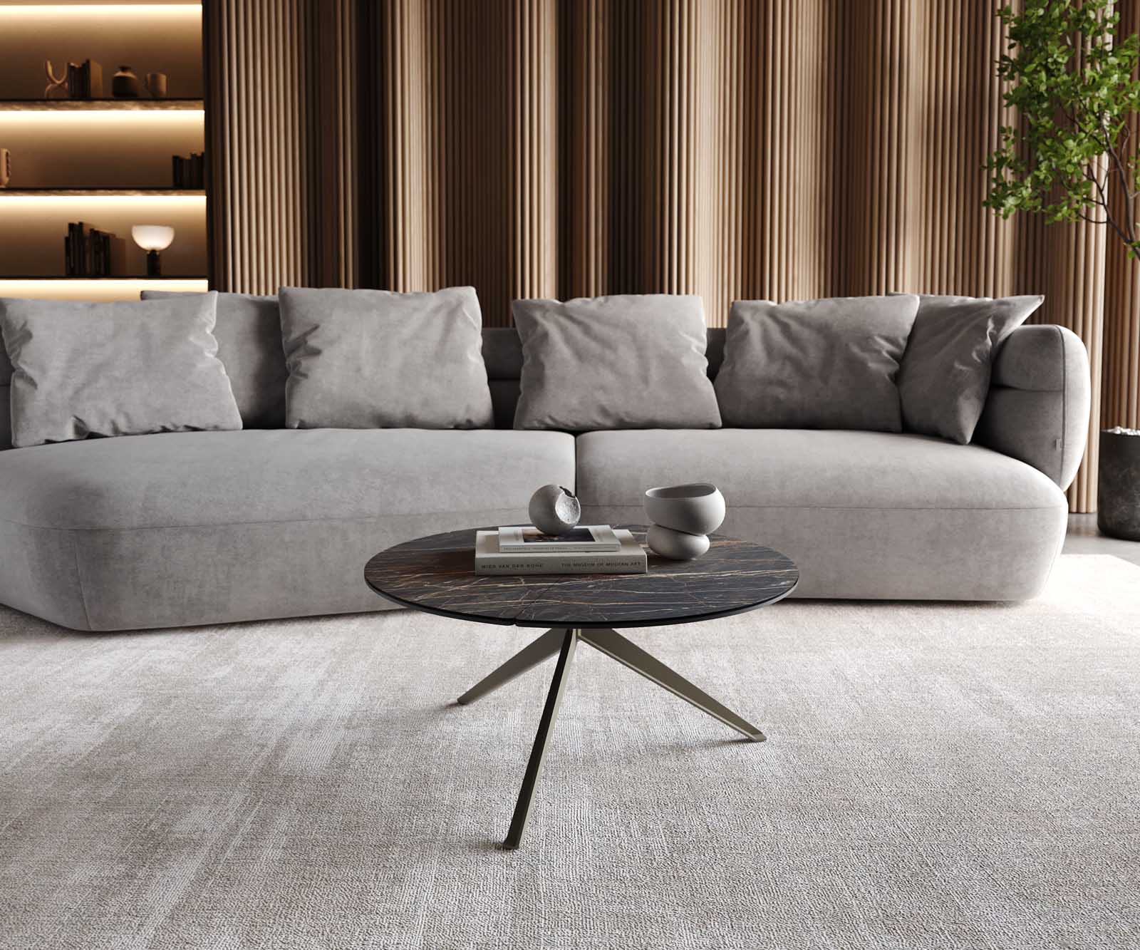 Stolik kawowy Delron 70x70cm ceramika Laminam® Noir Desir brązowy podstawa krzyżowa płaska metal kolor tytanowy 2