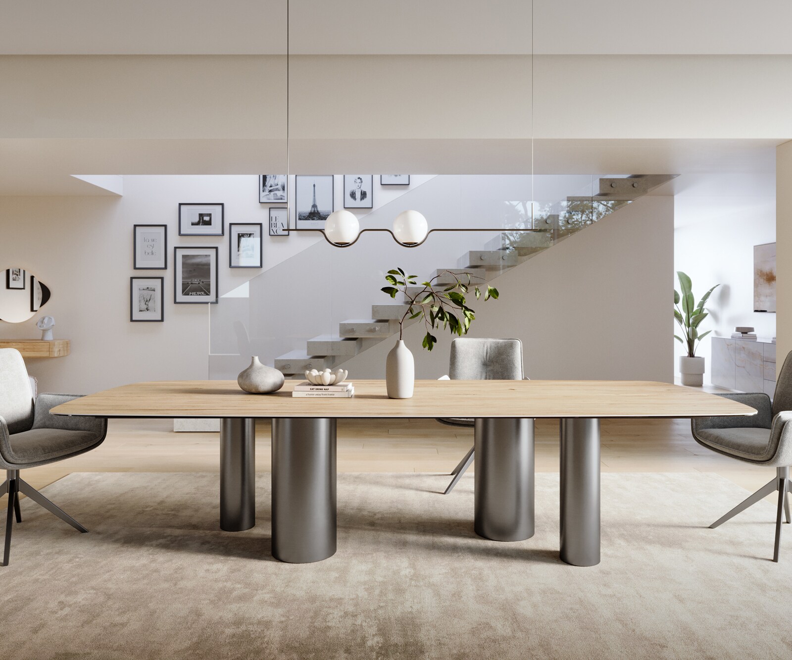 Stół do jadalni Edge w kształcie beczki 300x120 cm ceramika Laminam® Sabbia w kolorze dębu rama Pilier stal nierdzewna kolor grafitowy 2