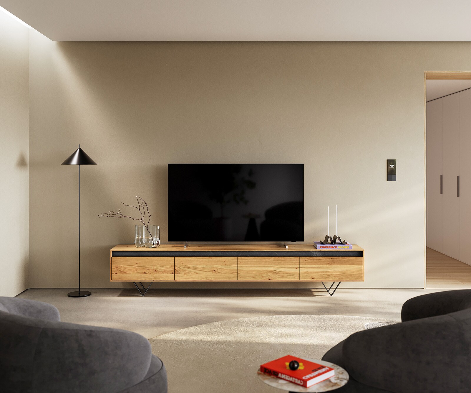 Szafka RTV Stonegrace 240 cm dąb naturalny 4 drzwi nóżki V metal czarny 2
