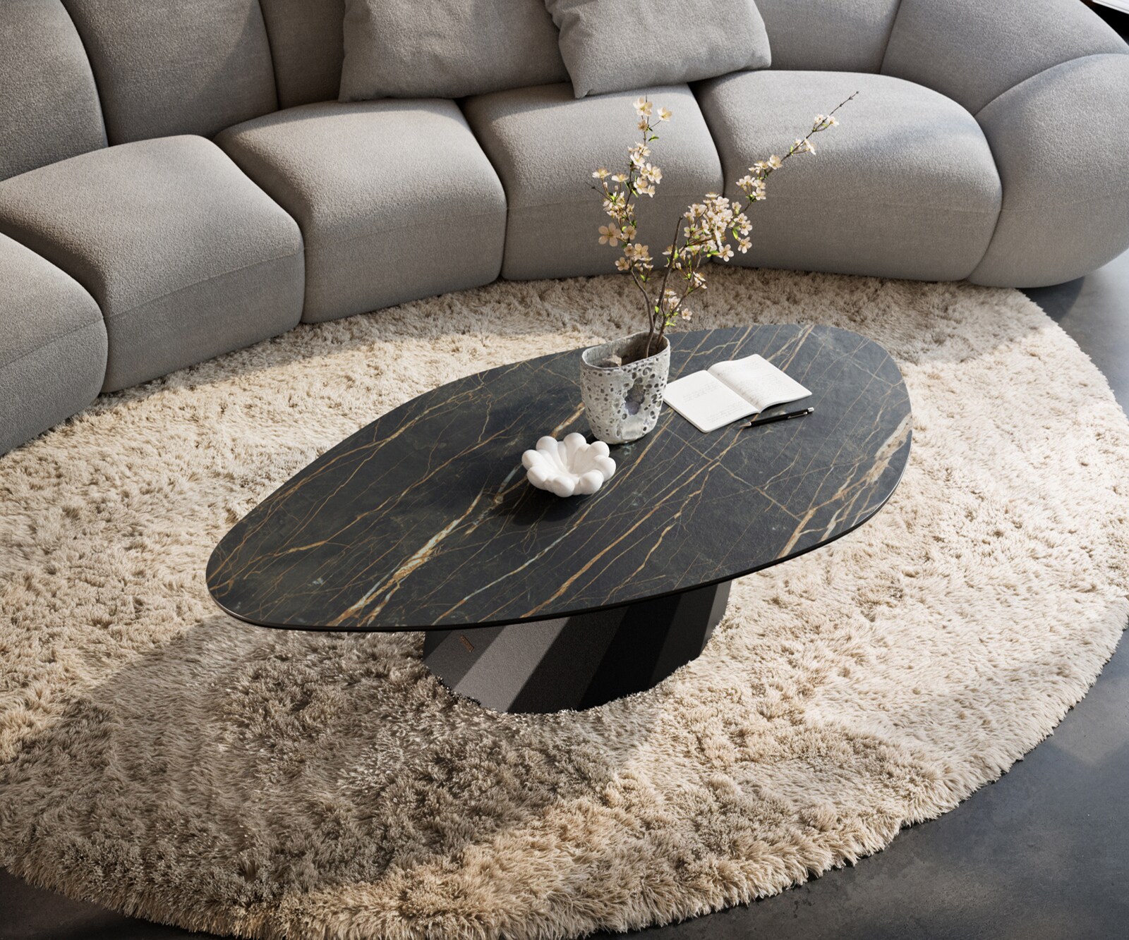 Stolik kawowy Edge organiczny 140x76 cm ceramika Laminam® Noir Desir brązowy Parabi czarny metal 3