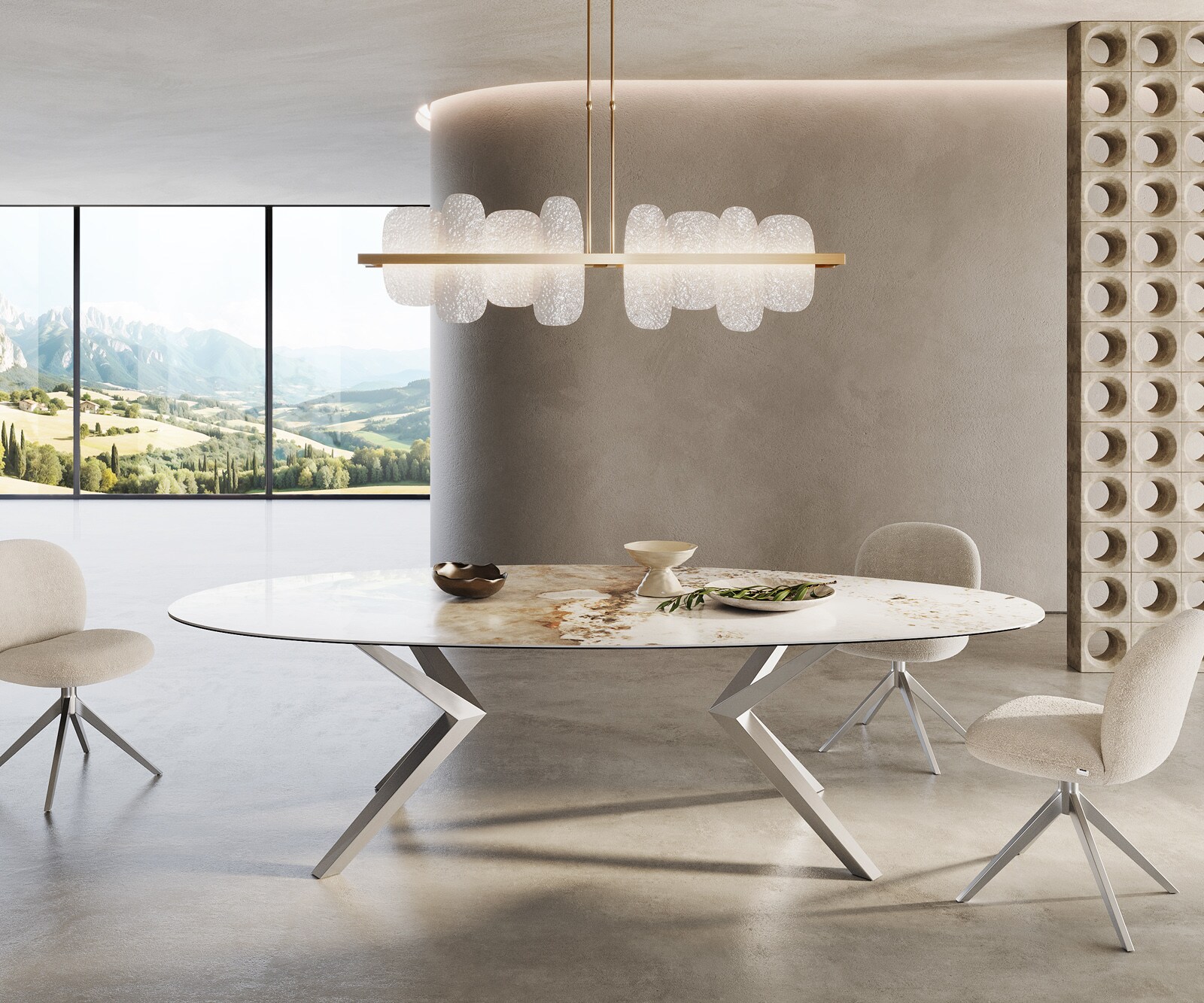 Stół do jadalni Edge owalny 280x130cm ceramika Minas Melange biało-beżowy rama Zenthara stal nierdzewna 1