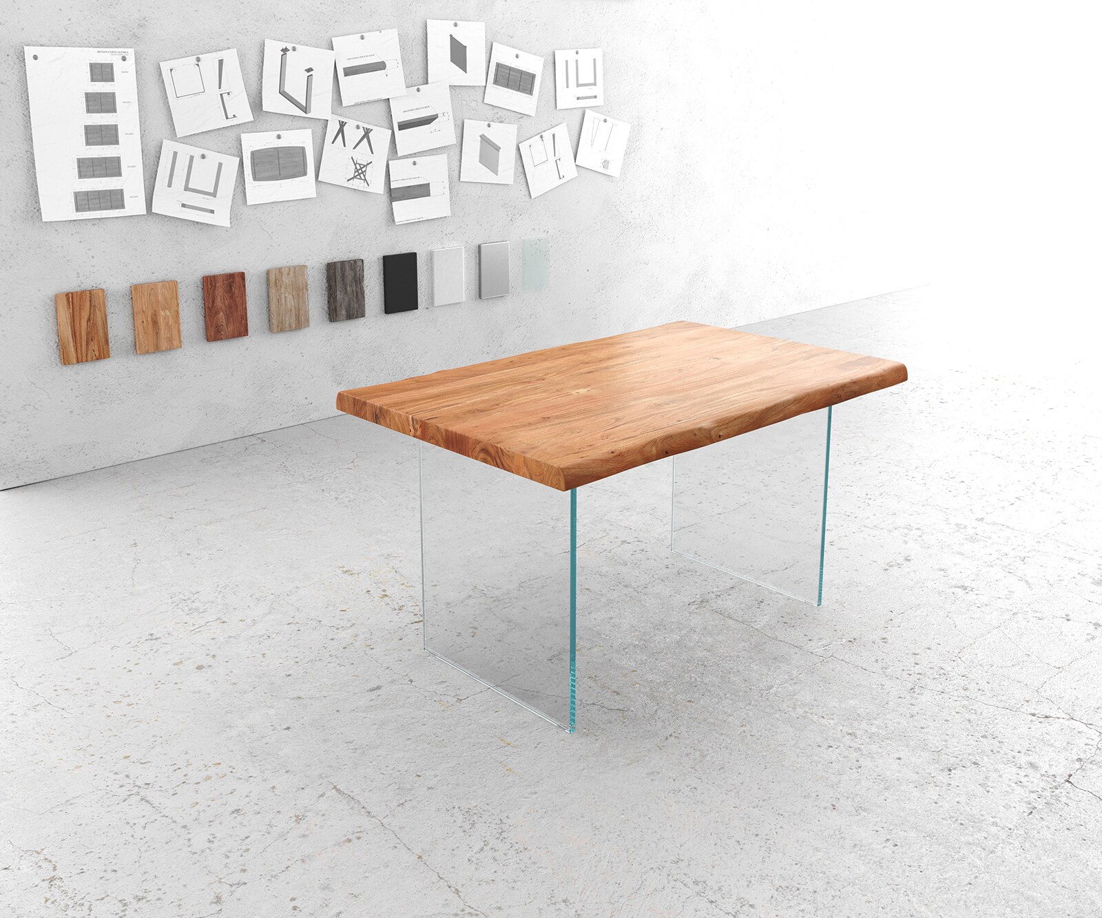 Stół do jadalni Edge 140x90cm XL akacja naturalna szklana rama live-edge