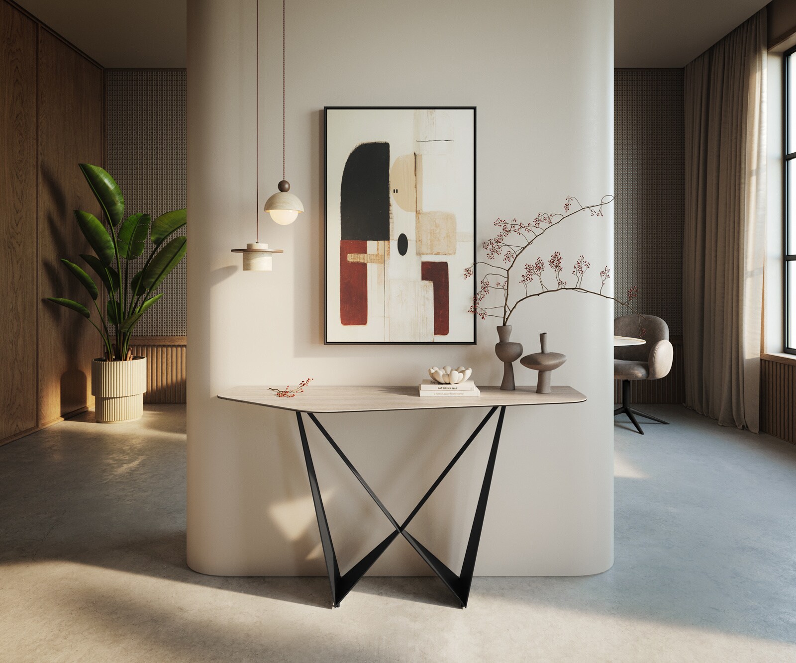 Konsola Edge wielokątna 140x50 cm ceramika Laminam® Travertino Bianco kremowo-biały podstawa Spios metal czarny 4