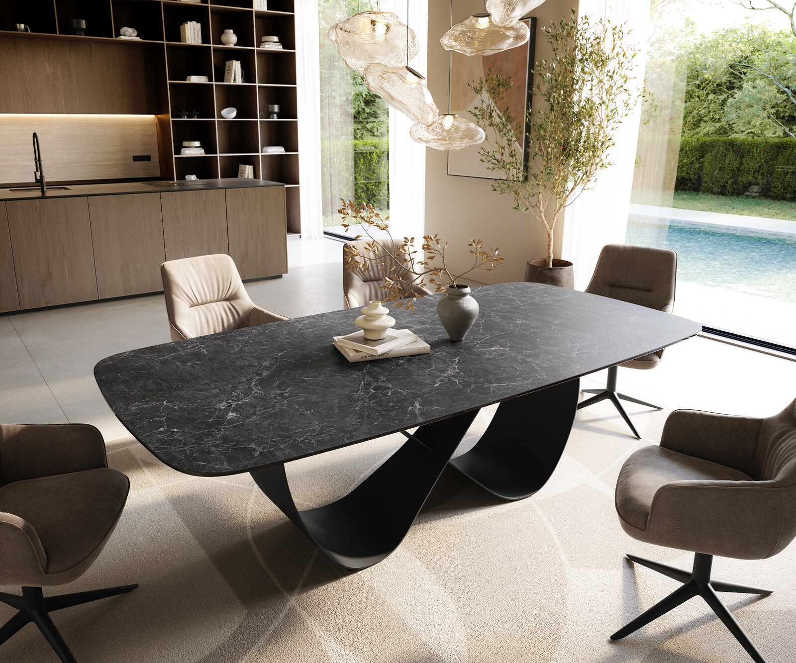 Stół do jadalni Edge w kształcie beczki 240x120 ceramika Laminam® Nero Greco antracytowa rama Infinity metal czarny 1