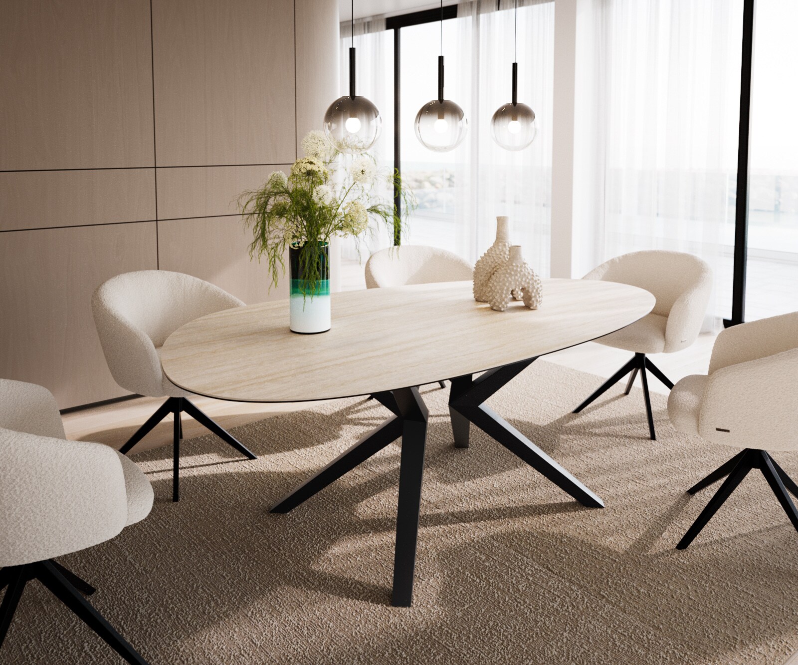 Stół do jadalni Edge owalny 220x120cm ceramika Laminam® Travertino Bianco kremowo-biały rama Zenthara metal czarny