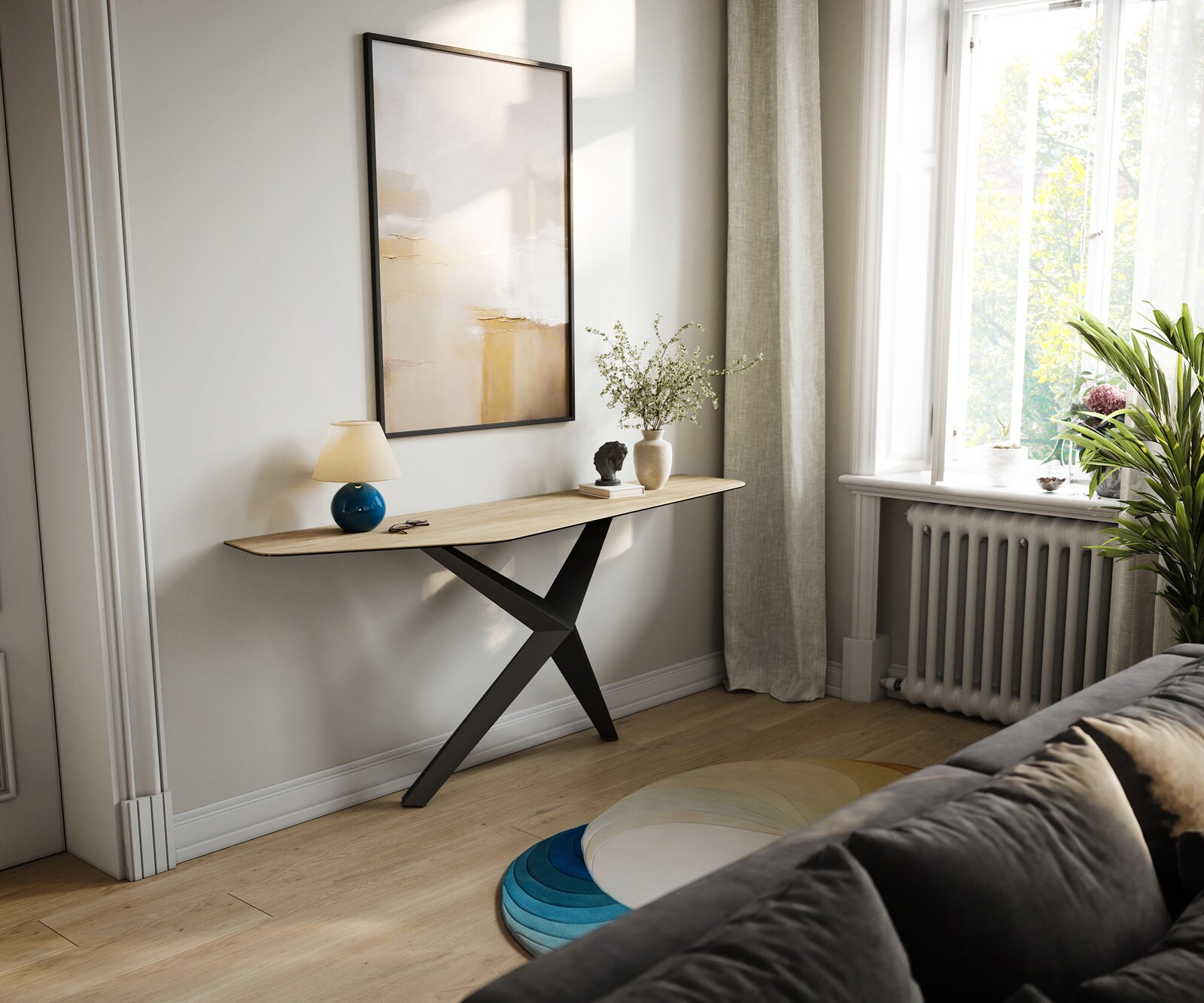 Konsola Edge wielokątna 180x50 cm ceramika Laminam® Sabbia w kolorze dębu podstawa Zentharo metal czarny 7
