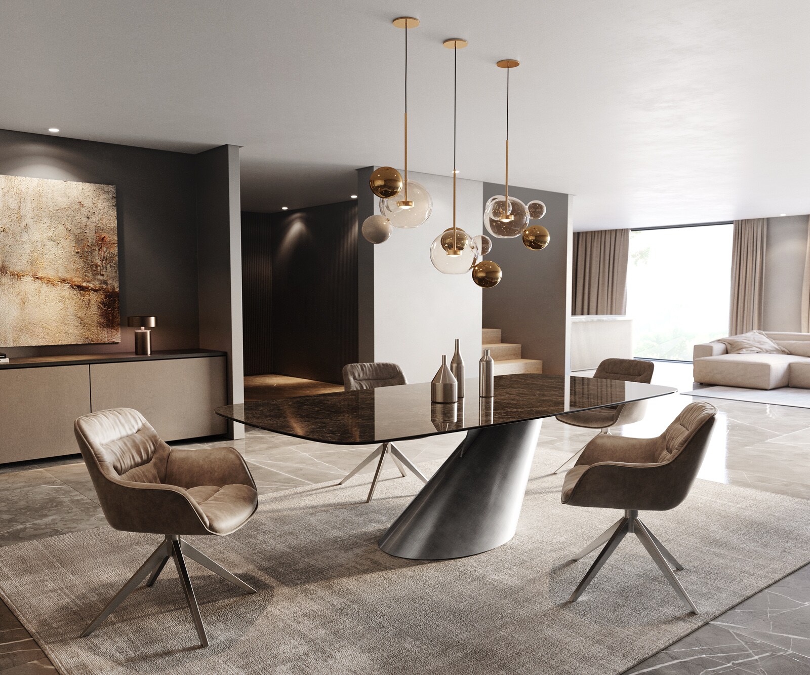 Stół do jadalni Edge w kształcie beczki 240x120 cm ceramika Laminam® Emperador Extra Lucidato ciemnobrązowa rama Cono metaliczny srebrny 6