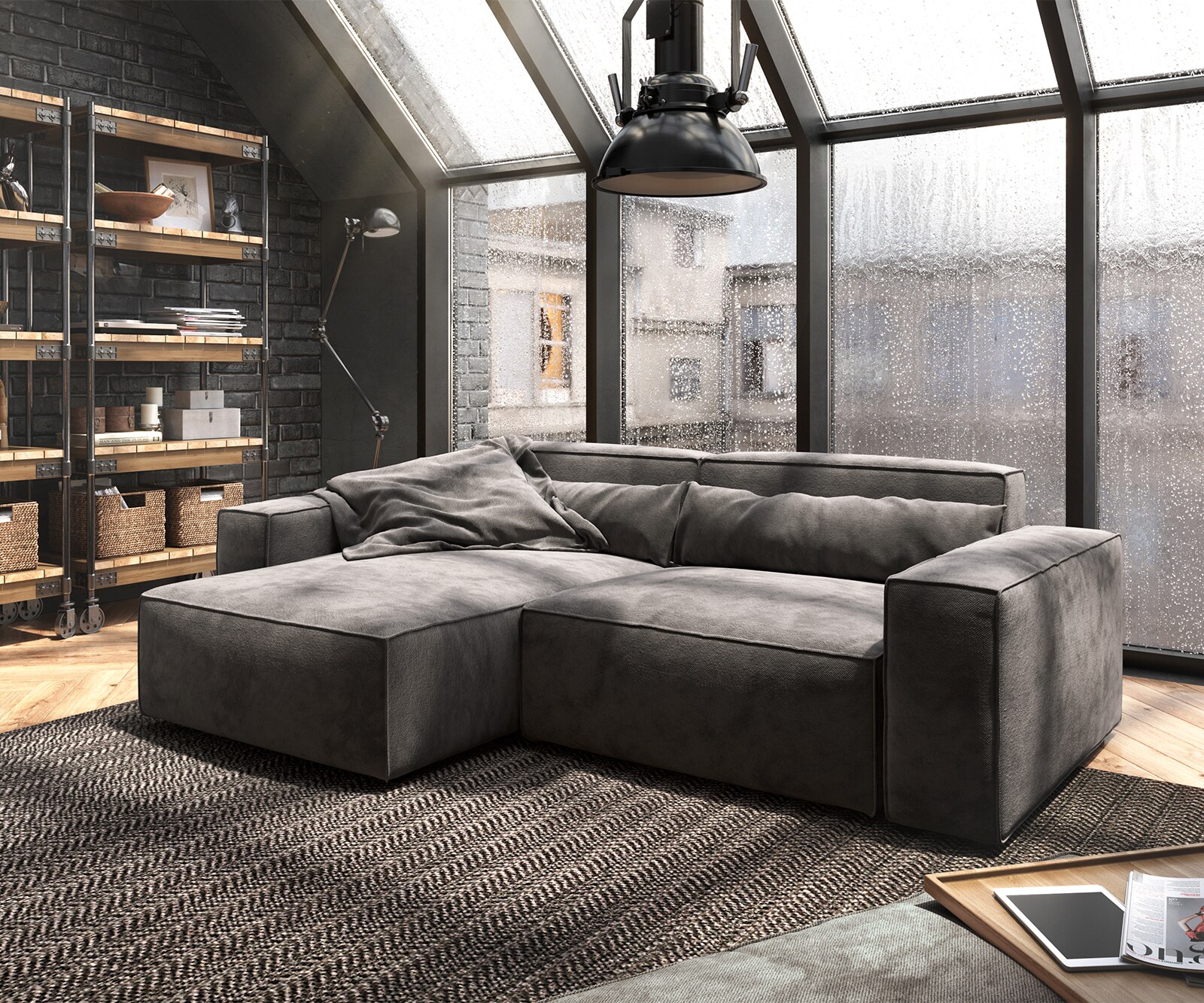 Sofa narożna Sirpio 230x155 cm mikrofibra khaki-brązowa szezlong z możliwością obustronnego montażu z pufem 1
