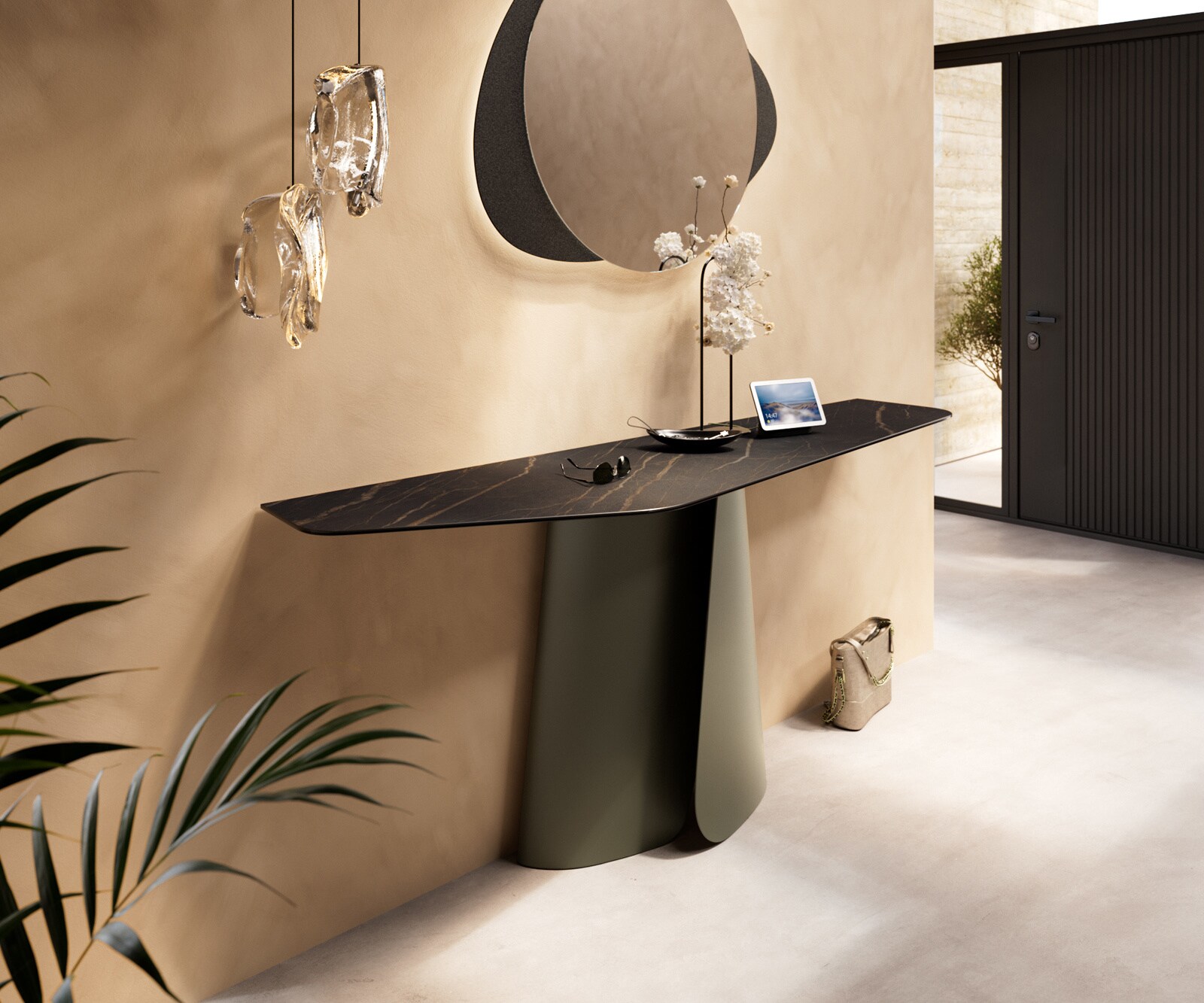 Konsola Edge wielokątna 180x50 cm ceramika Laminam® Noir Desir brązowa podstawa Livos metal w kolorze tytanu 4