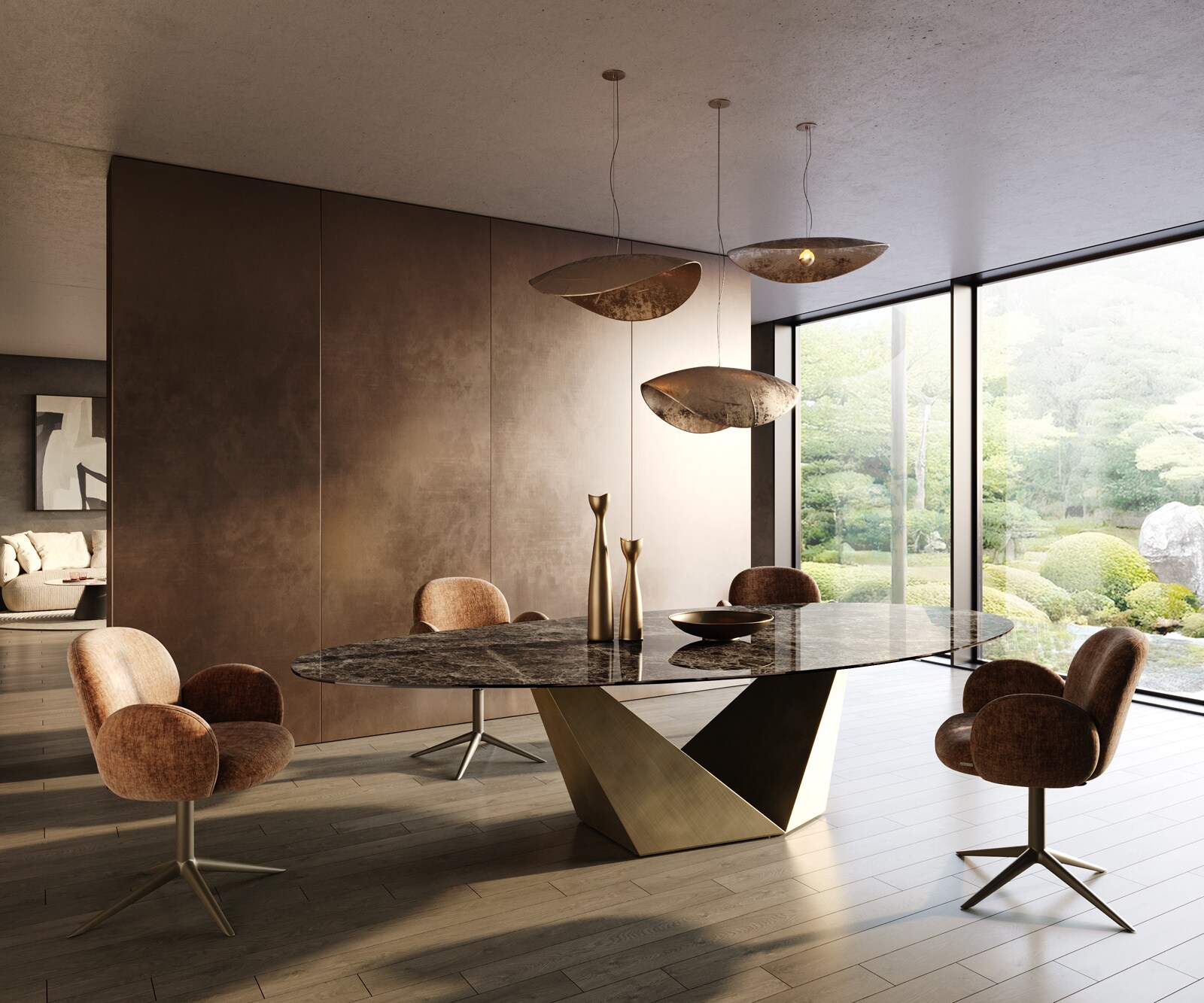 Stół do jadalni Edge owalny 315x150 cm ceramika Emperador Extra Lucidato ciemnobrązowa rama Prisma metaliczny złoty 5