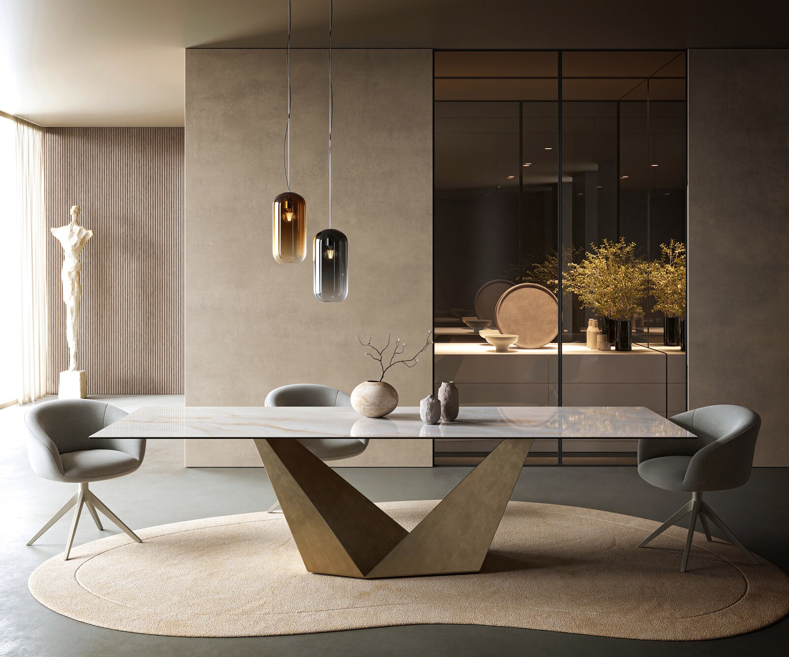 Stół do jadalni Edge 300x100 cm ceramika Onyx Pearl rama Prisma metaliczny złoty 1