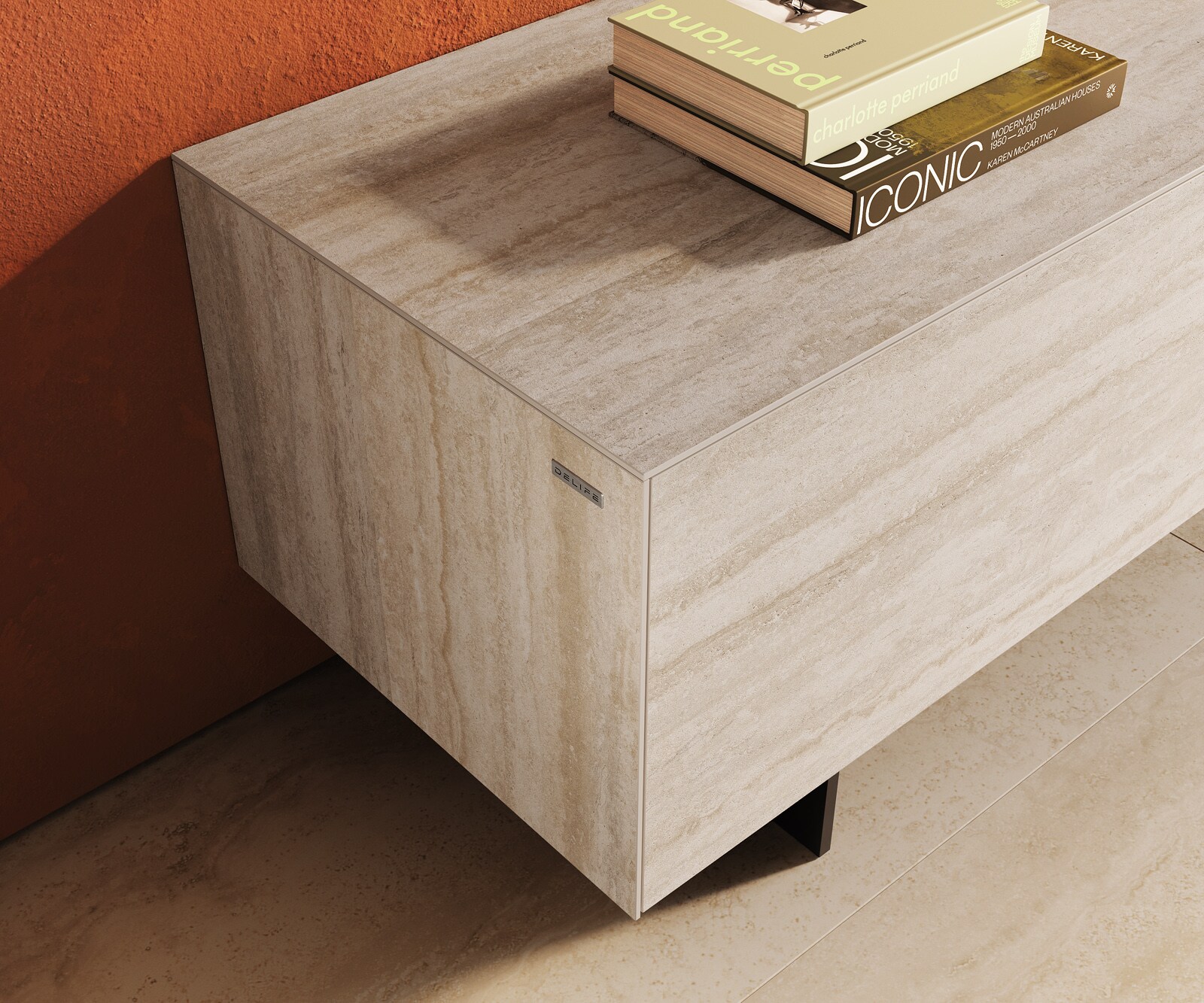 Szafka RTV Cuor 220 cm ceramika Laminam® Travertino Bianco kremowo-biała 1 klapa 2 szuflady nóżki wąskie czarny metal 6
