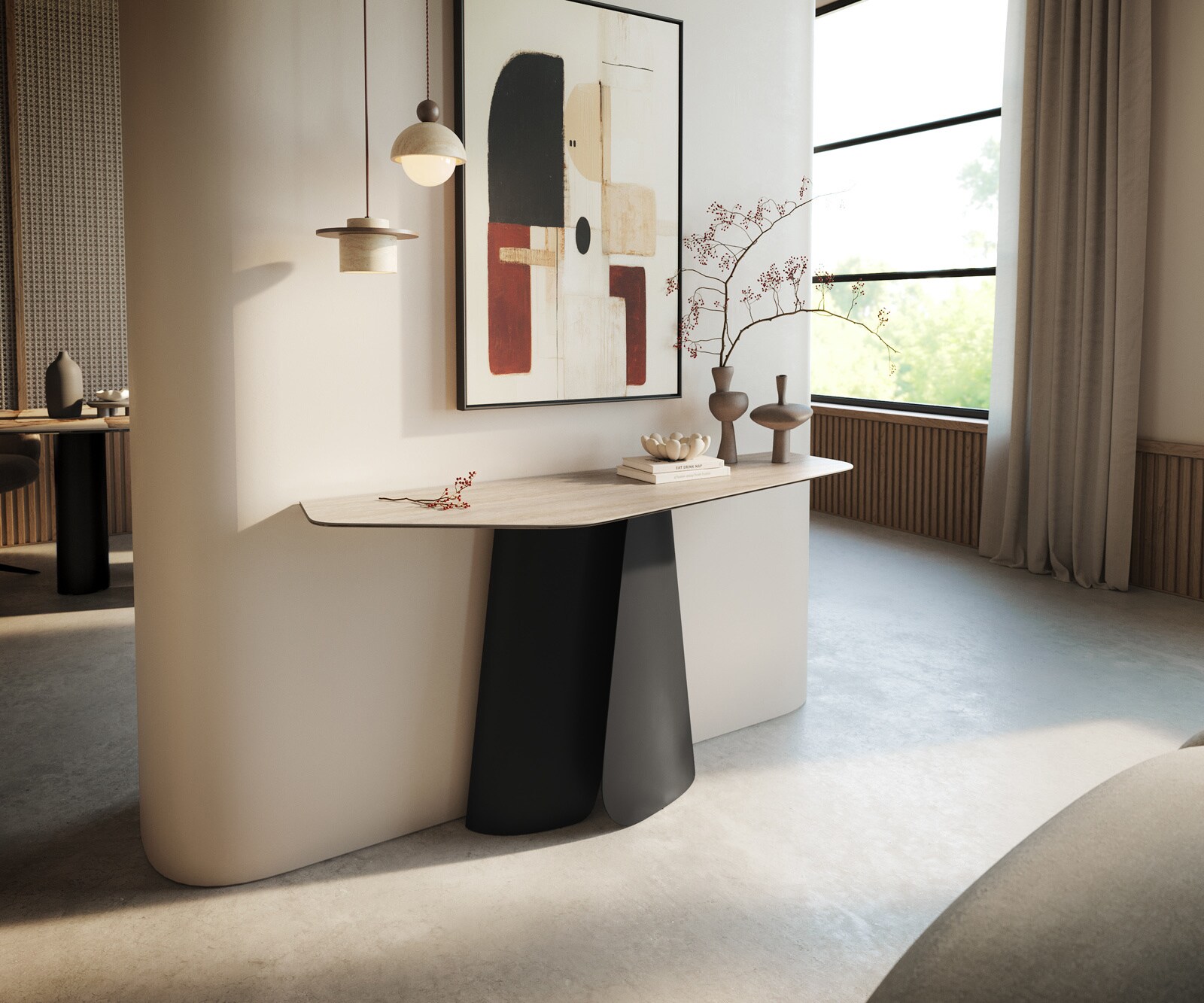 Konsola Edge wielokątna 140x50 cm ceramika Laminam® Travertino Bianco kremowo-biały podstawa Livos metal czarny 1