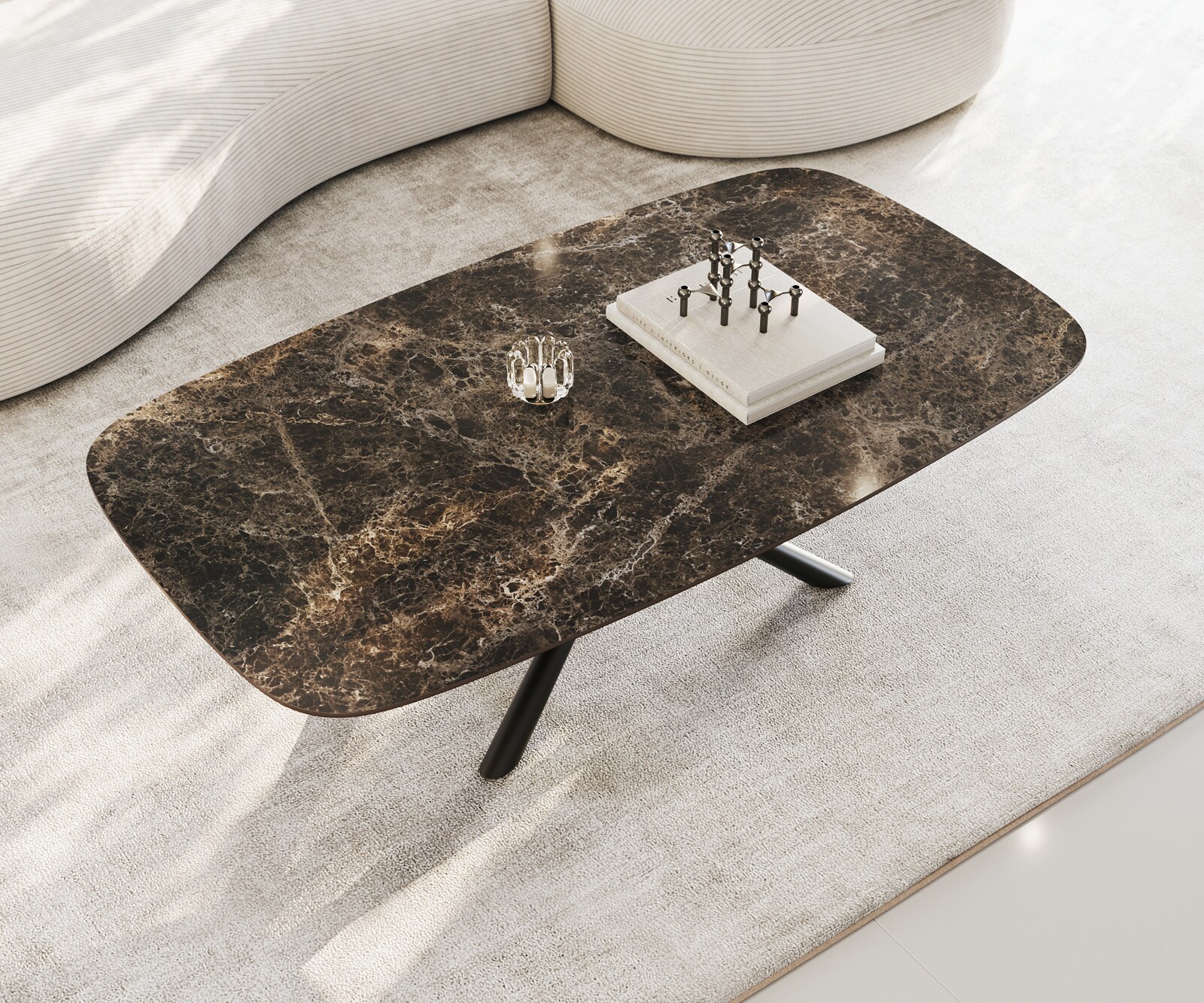 Stolik kawowy Edge w kształcie beczki 140x80 cm ceramika Laminam® Emperador Extra Lucidato ciemnobrązowy Sarity czarny metal 4