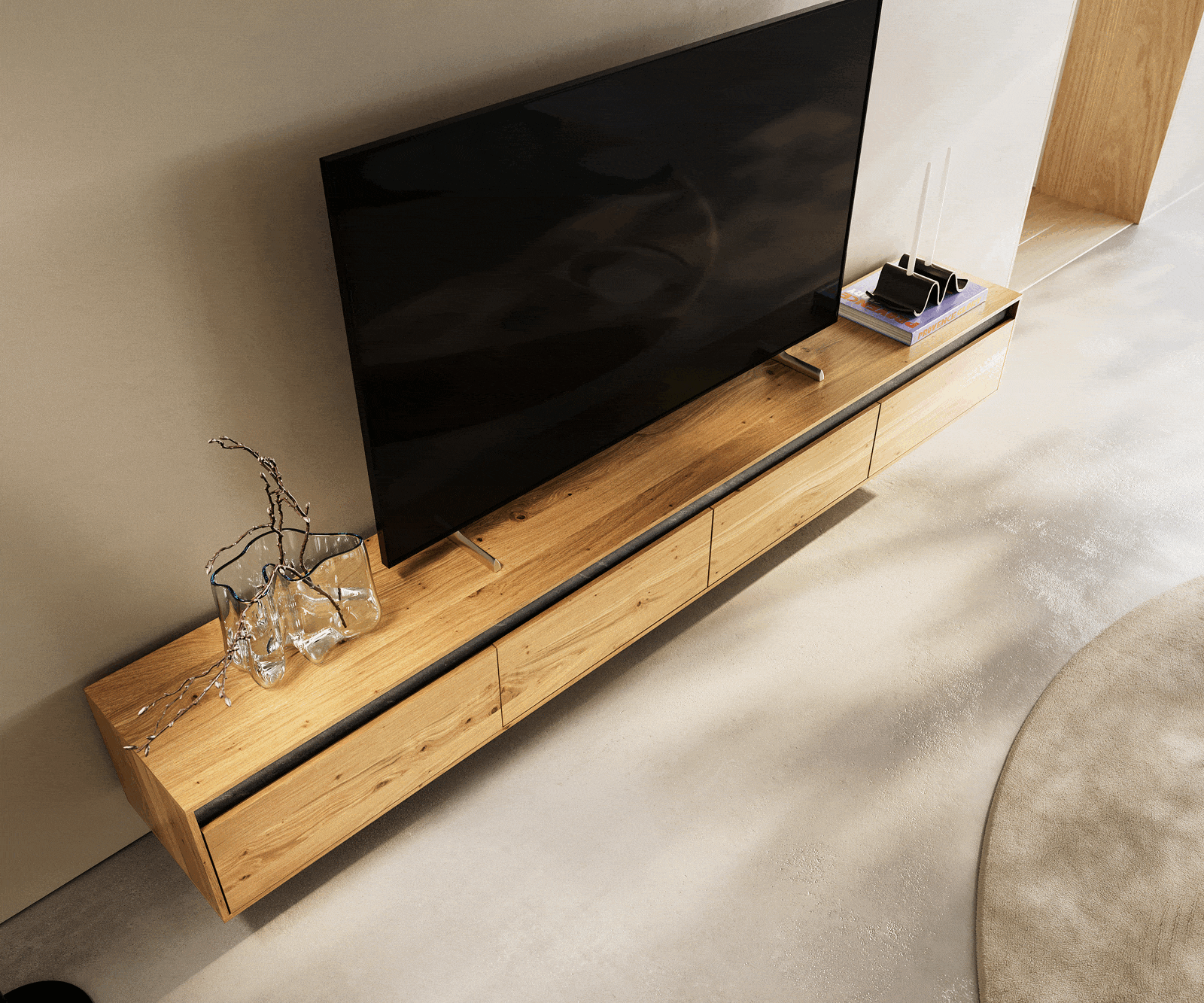 Szafka RTV Stonegrace 240 cm dąb naturalny 4 drzwi podwieszana 4