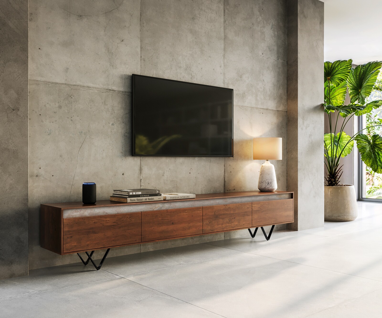 Szafka RTV Stonegrace 240 cm akacja brązowa łupek 4 drzwi nóżki V czarne