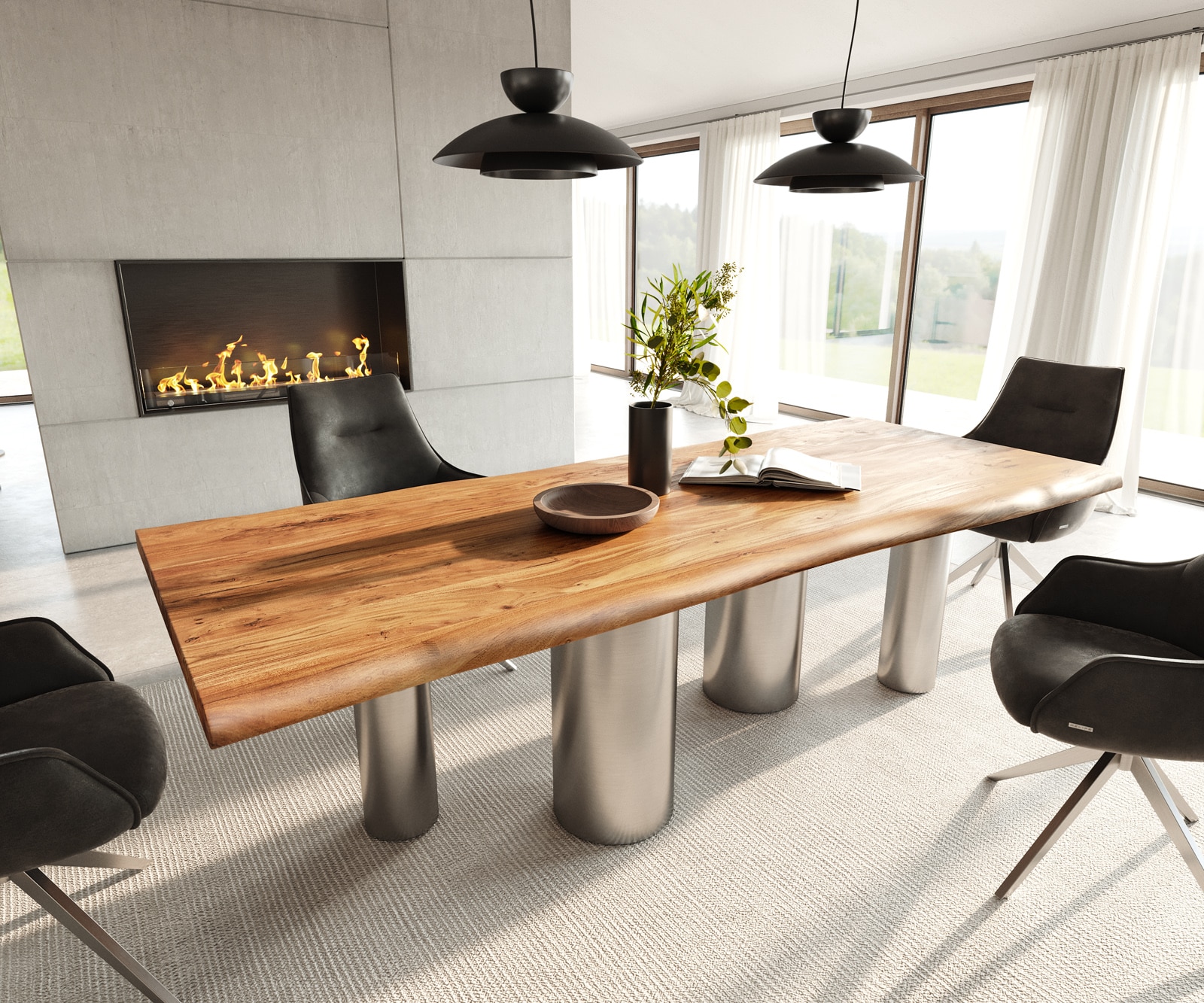 Stół do jadalni Edge 240x100cm akacja naturalna rama Pilier stal nierdzewna szczotkowana live-edge