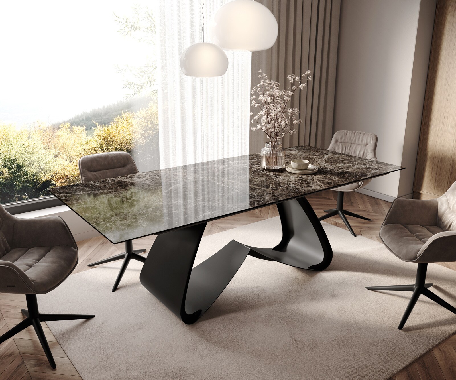 Stół do jadalni Edge 180-220x100cm ceramika Laminam® Emperador Extra Lucidato ciemnobrązowy rama W czarny rozkładany