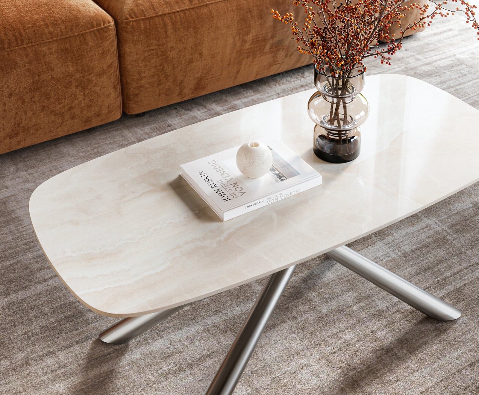 Stolik kawowy Edge w kształcie beczki 100x50 cm ceramika Onyx Champagne podstawa Sarity stal nierdzewna szczotkowana 4