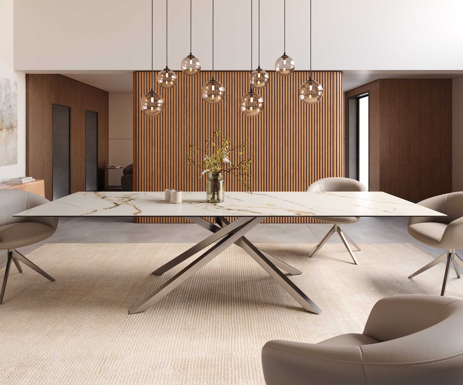 Stół do jadalni Edge 300x100cm ceramika Calacatta Luxe biało-złoto-szary rama Cross stal nierdzewna 2