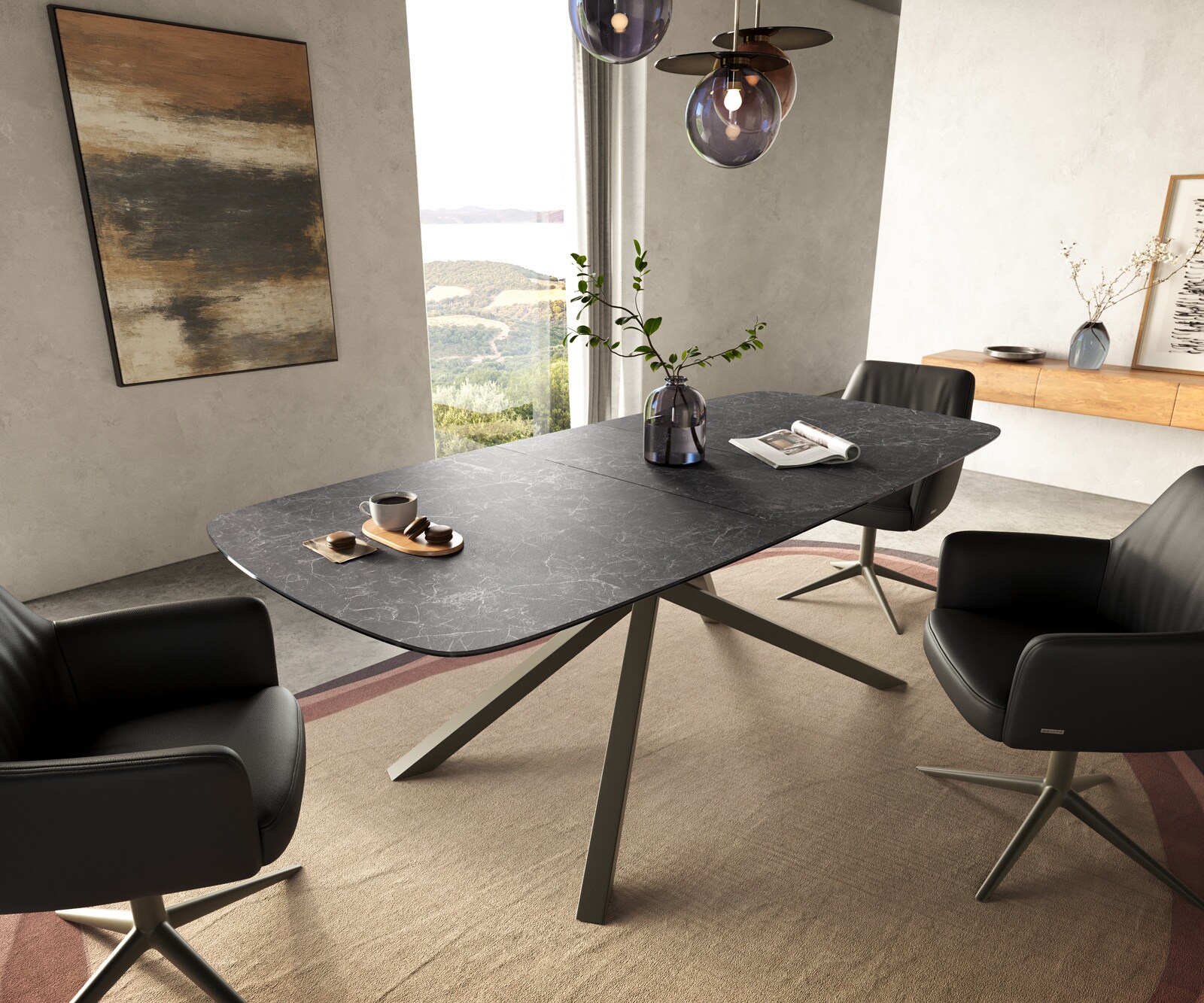 Stół do jadalni Edge w kształcie beczki 180-220x100 cm ceramika Laminam® Nero Greco Anthrazit rama Cross w kolorze tytanu rozkładany 1