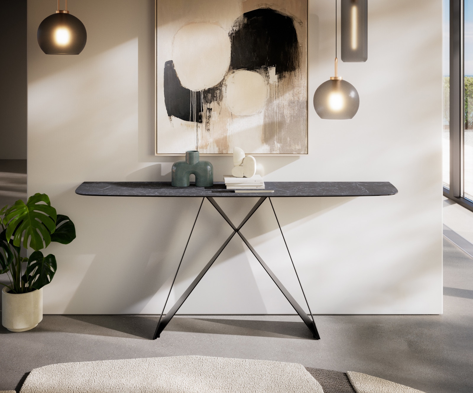 Konsola Edge w kształcie beczki 180x40 cm Laminam® Nero Greco antracytowa podstawa Velio metal czarny 1