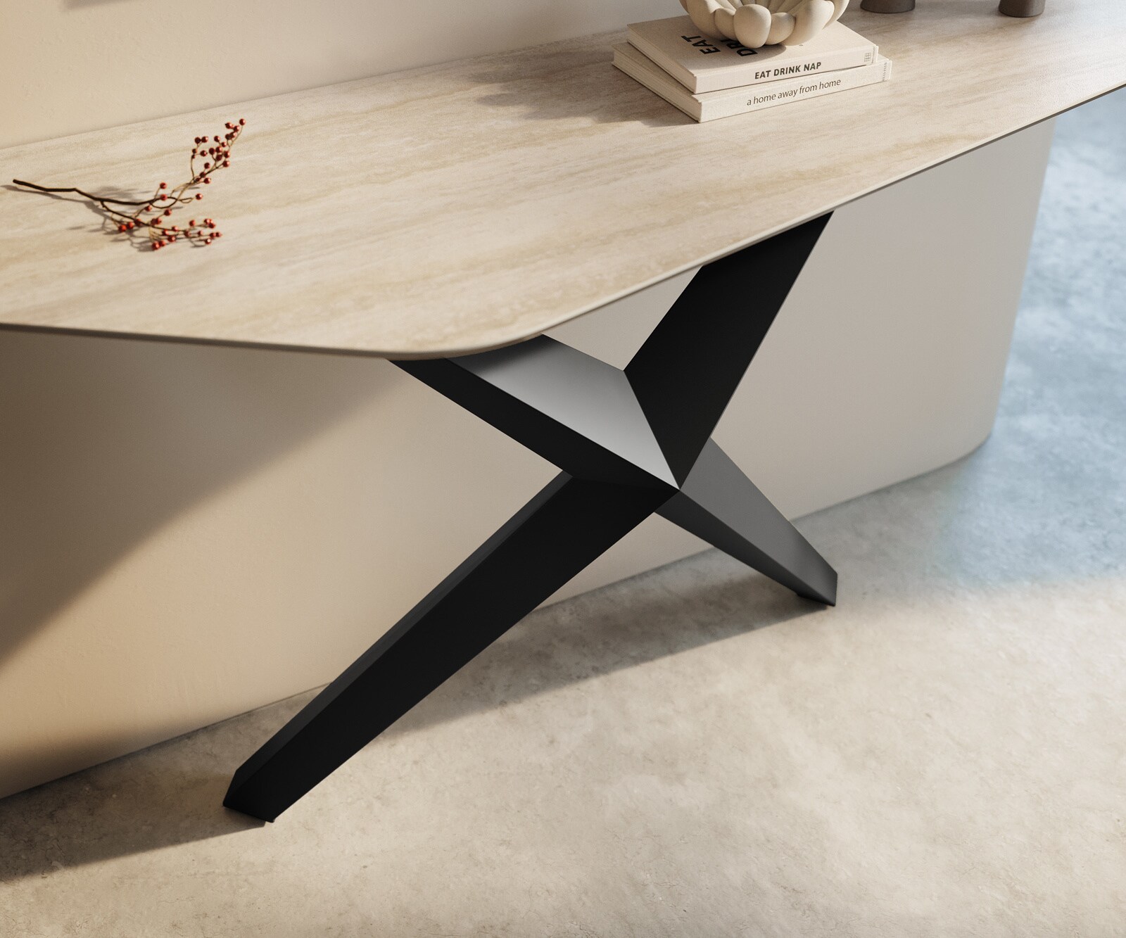 Konsola Edge wielokątna 140x50 cm ceramika Laminam® Travertino Bianco kremowo-biały podstawa Zentharo metal czarny 6