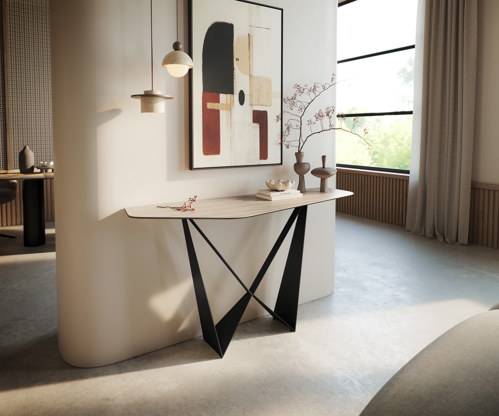 Konsola Edge wielokątna 140x50 cm ceramika Laminam® Travertino Bianco kremowo-biały podstawa Spios metal czarny 1