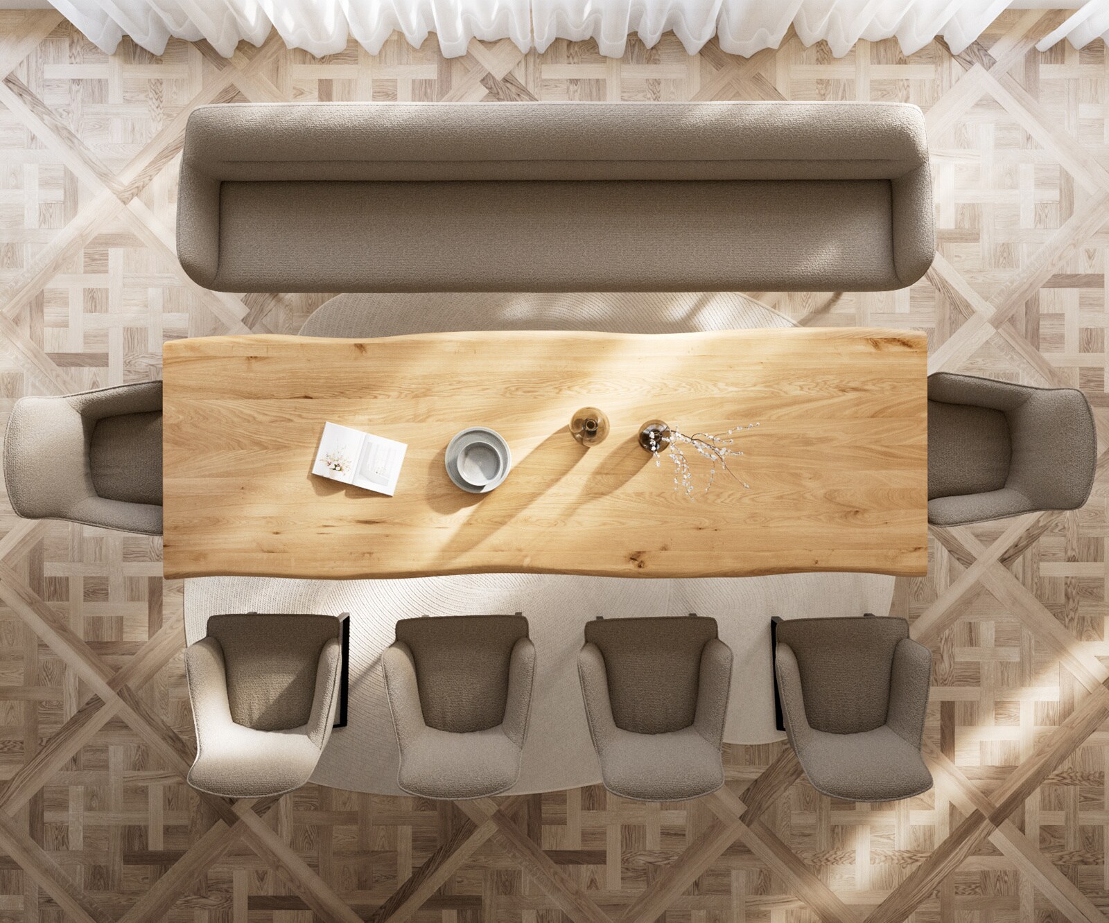 Ławka do jadalni Taya-Flex 300 cm bouclé szaro-brązowy podstawa płozowa płaska metal czarny sprężyny kieszeniowe 5