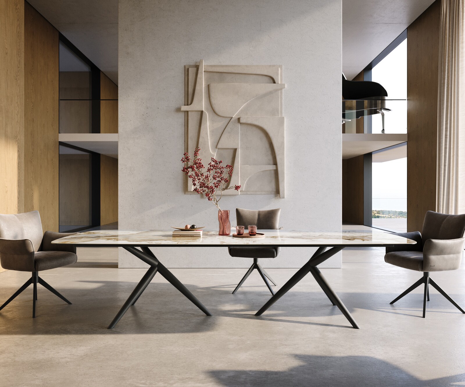Stół do jadalni Edge w kształcie beczki 300x120 cm ceramika Minas Melange biało-beżowa rama Estelar metal czarny 2