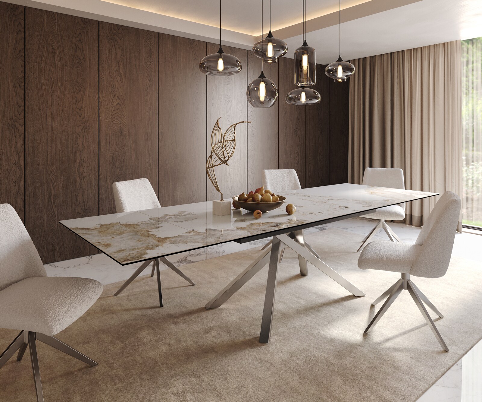 Stół do jadalni Edge 200-300x100 cm ceramika Minas Melange biało-beżowy rama Cross stal nierdzewna rozkładany 1