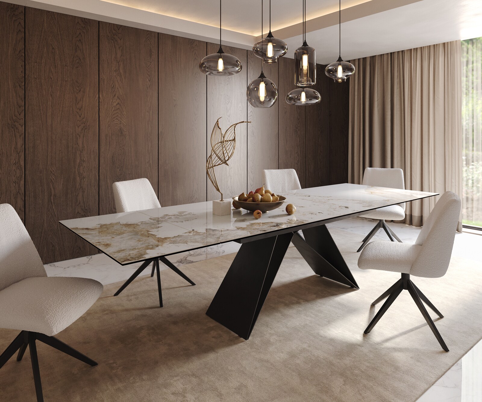 Stół do jadalni Edge 200-300x100 cm ceramika Minas Melange biało-beżowy rama V metal czarna rozkładany 1