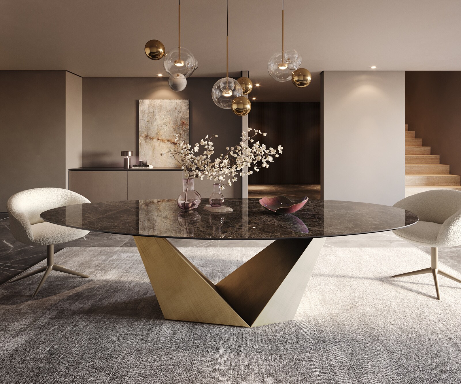 Stół do jadalni Edge owalny 280x130cm ceramika Emperador Extra Lucidato ciemnobrązowy rama Prisma metaliczny złoty 2